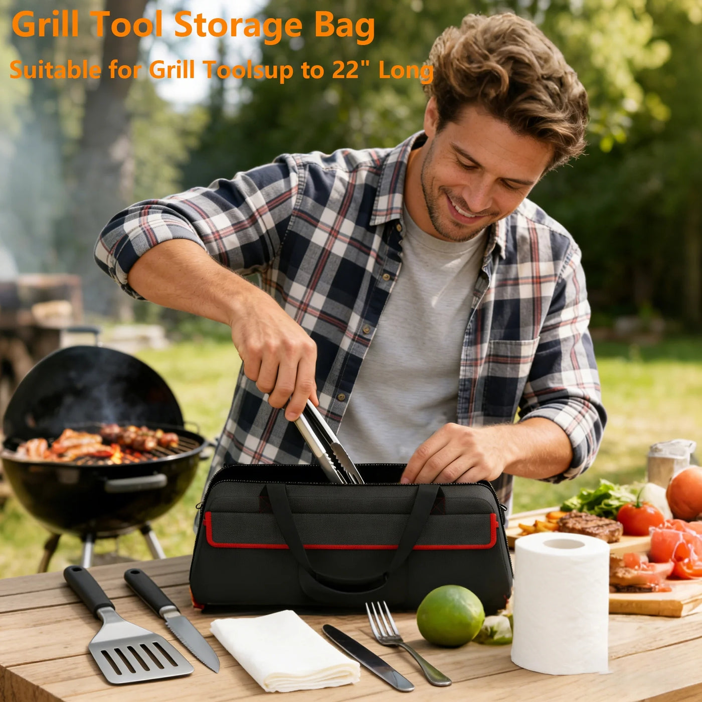 Grill Tool Storage Bag, Grill Utensil Storage Bag for Barbecue Tool Up to 22", Bbq Utensil Storage Caddy with Pockets, Bag Only