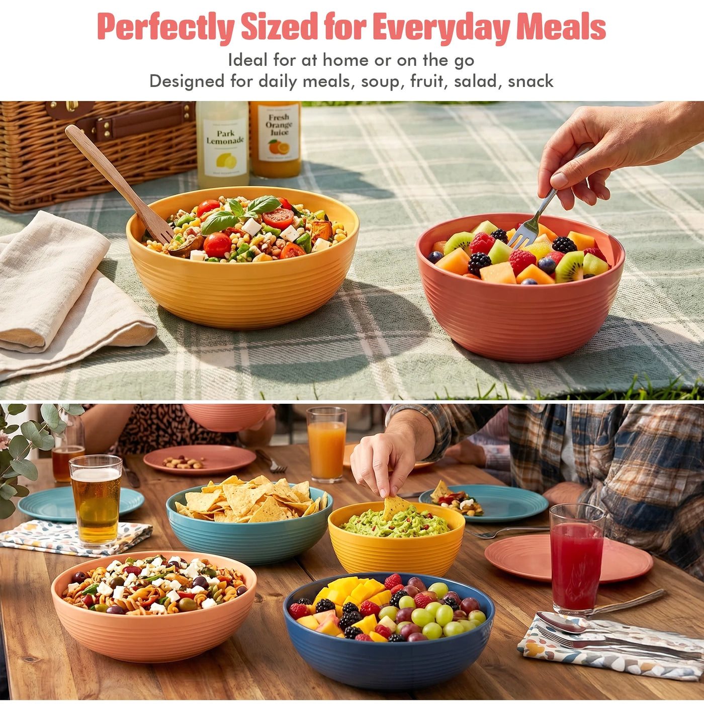 27 Oz Deep Plastic Bowls Set of 6 Unbreakable Stackable Bright, for Everyday Home Kitchen Cooking, Storage and Organization