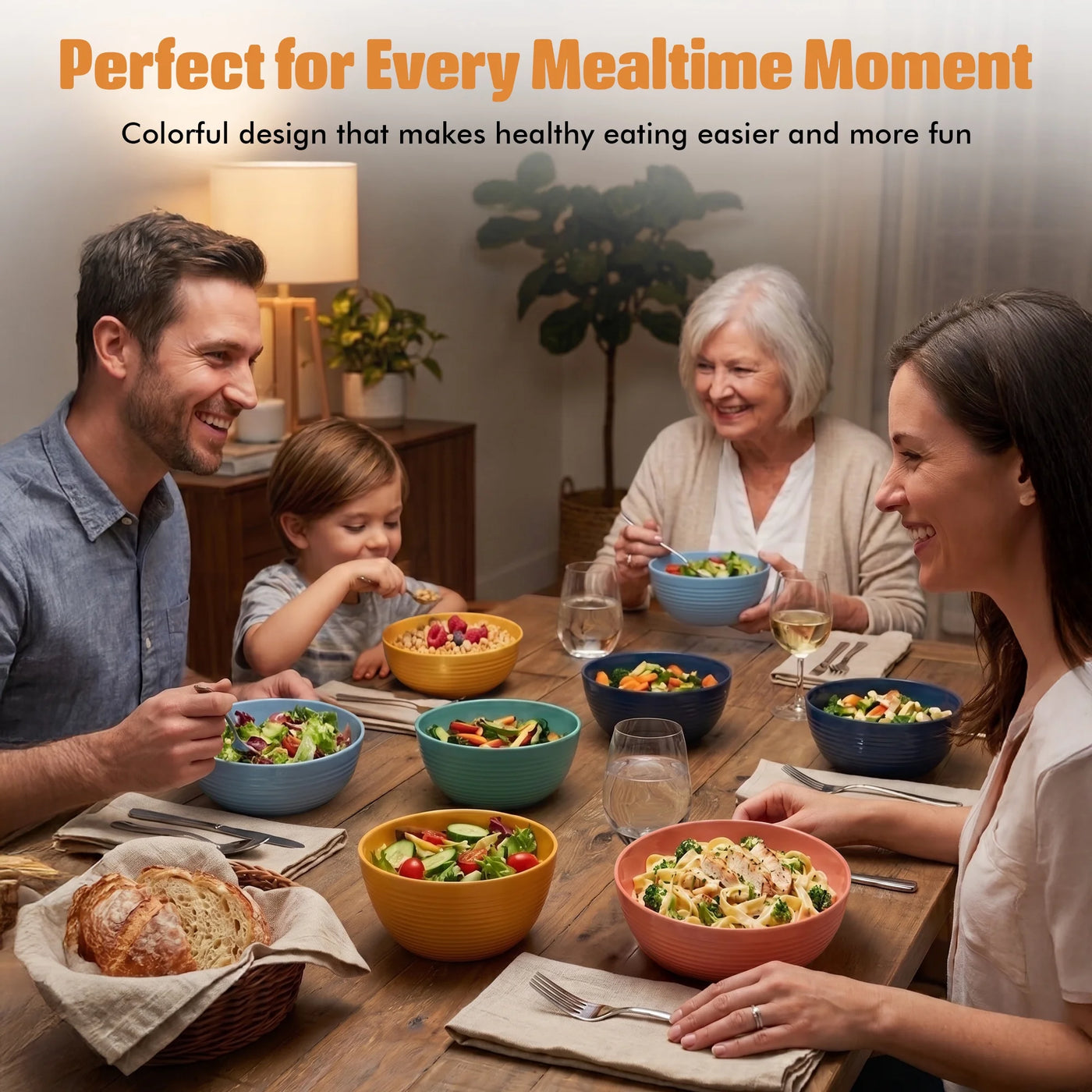 27 Oz Deep Plastic Bowls Set of 6 Unbreakable Stackable Bright, for Everyday Home Kitchen Cooking, Storage and Organization