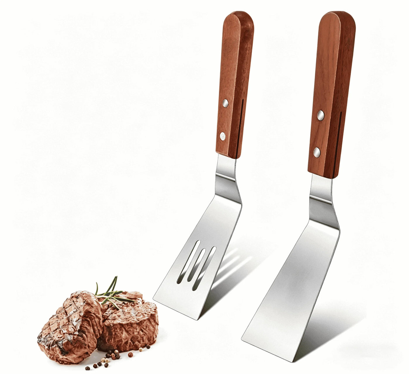 Metal Spatula Set, Stainless Steel Griddle Spatulas with Wooden Handle, Slotted and Solid Turner for Cooking, Baking, Bbq, Grilling