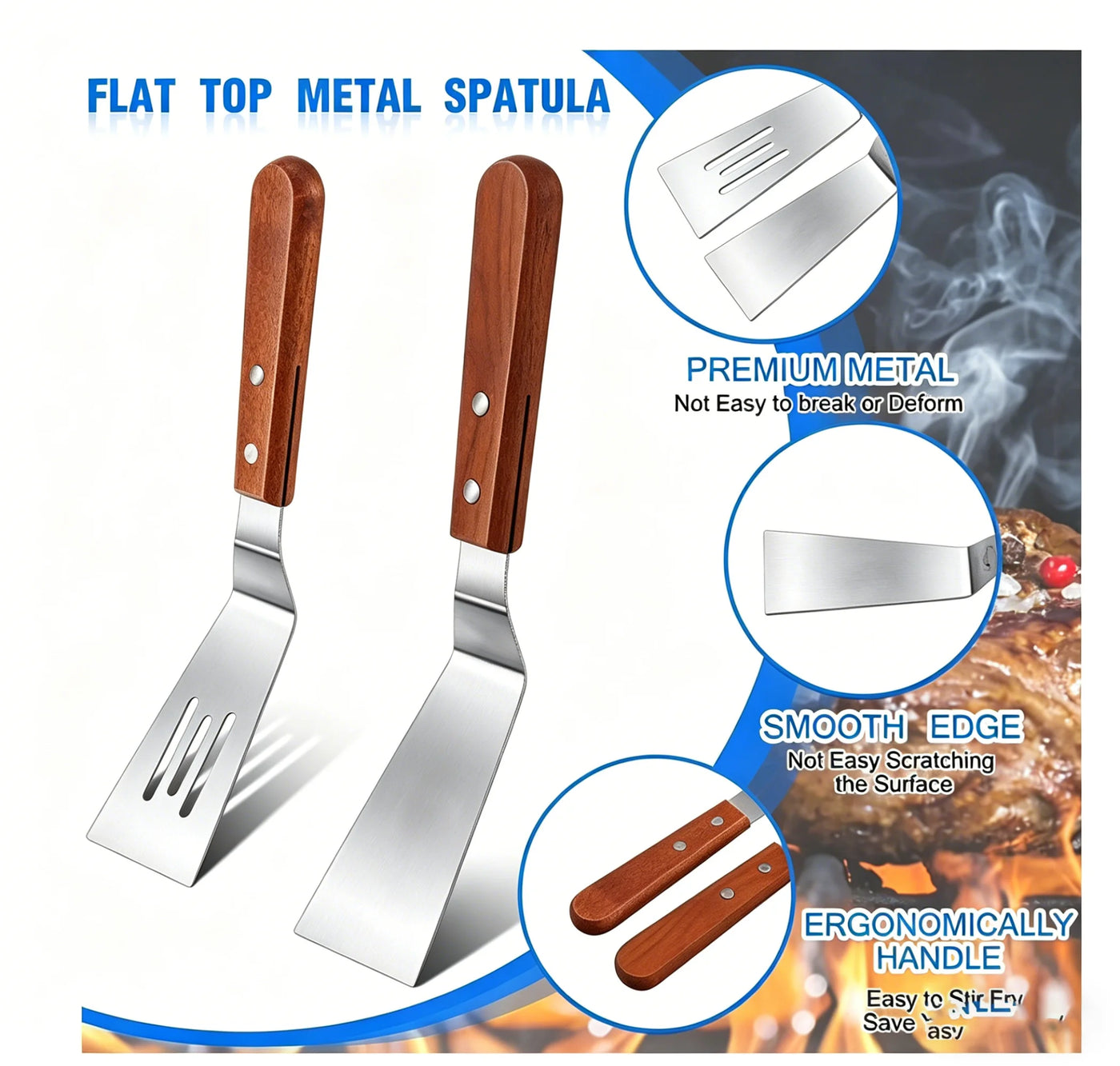 Metal Spatula Set, Stainless Steel Griddle Spatulas with Wooden Handle, Slotted and Solid Turner for Cooking, Baking, Bbq, Grilling