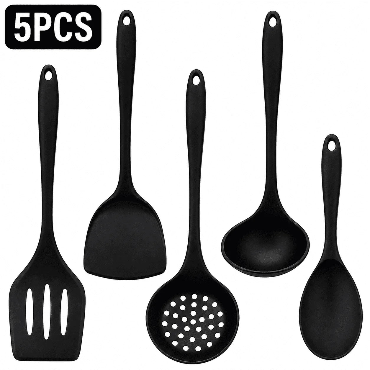 Silicone Spatula Set, 5-Piece Black Cooking Utensils Set with Turner, Spoon and Ladle, Heat Resistant Kitchen Tools for Nonstick Cookware, Easy Clean