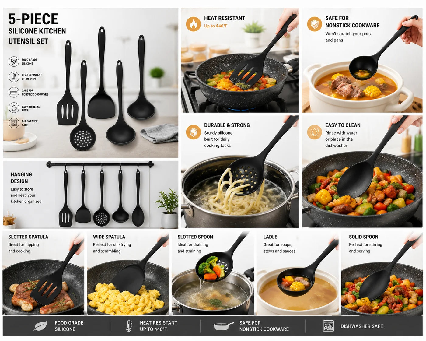 Silicone Spatula Set, 5-Piece Black Cooking Utensils Set with Turner, Spoon and Ladle, Heat Resistant Kitchen Tools for Nonstick Cookware, Easy Clean