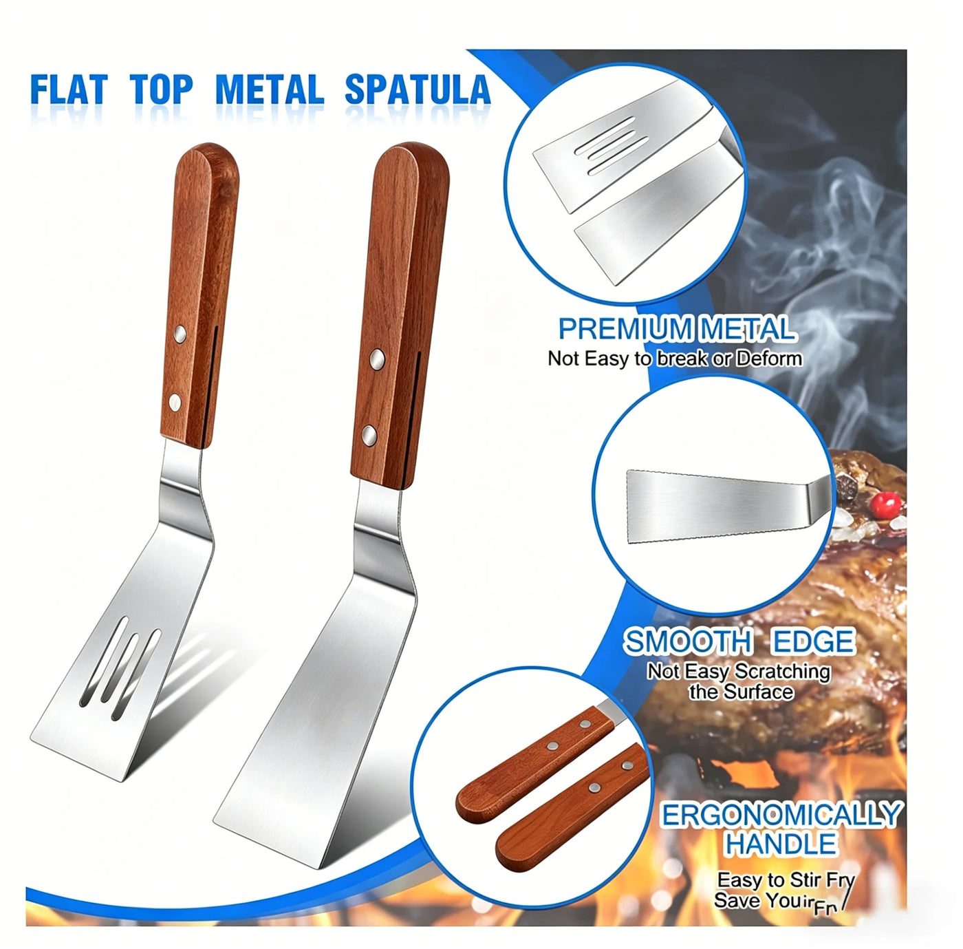 Metal Spatula Set, Stainless Steel Griddle Spatulas with Wooden Handle, Slotted and Solid Turner for Cooking, Baking, Bbq, Grilling