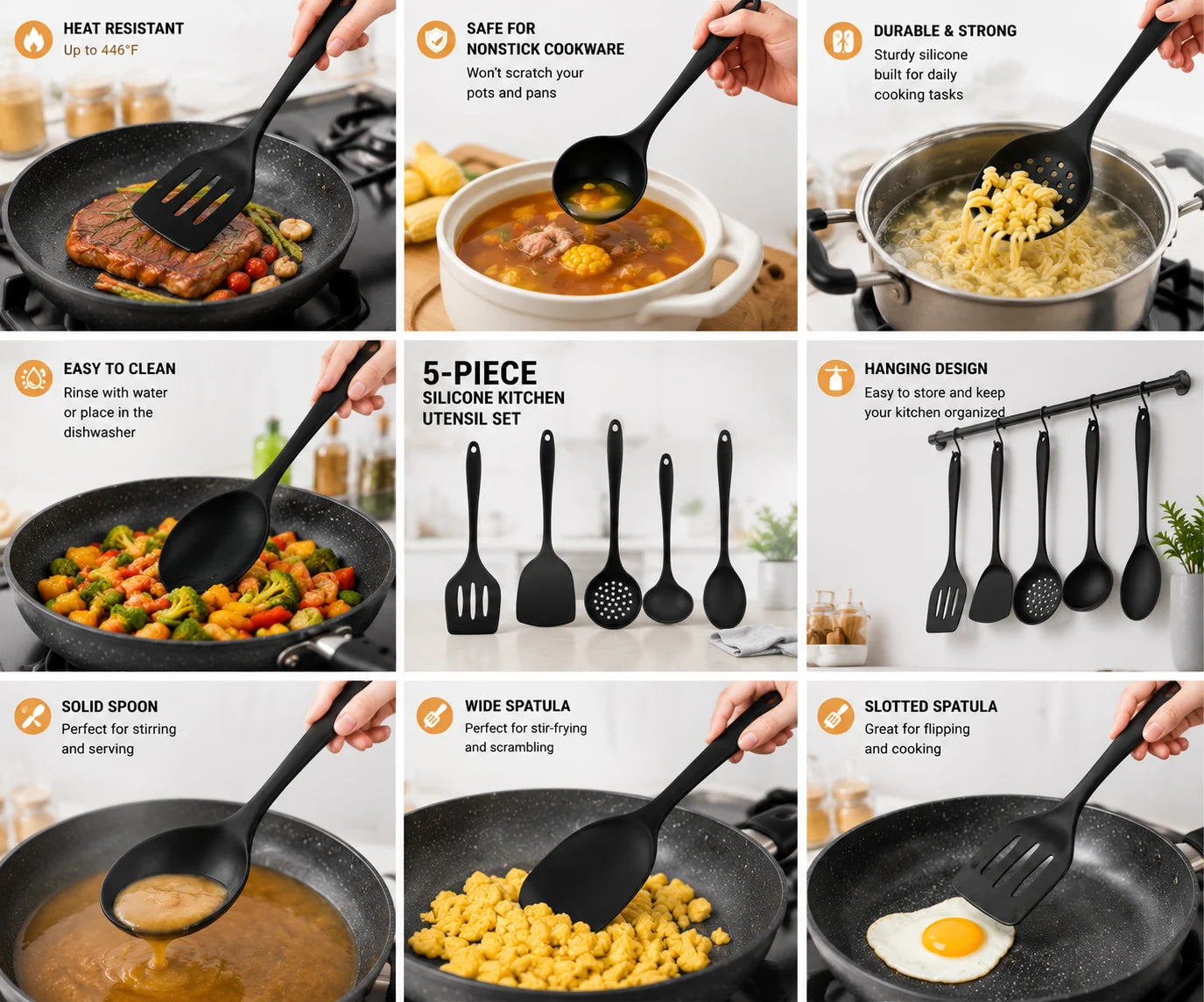 Silicone Spatula Set, 5-Piece Black Cooking Utensils Set with Turner, Spoon and Ladle, Heat Resistant Kitchen Tools for Nonstick Cookware, Easy Clean