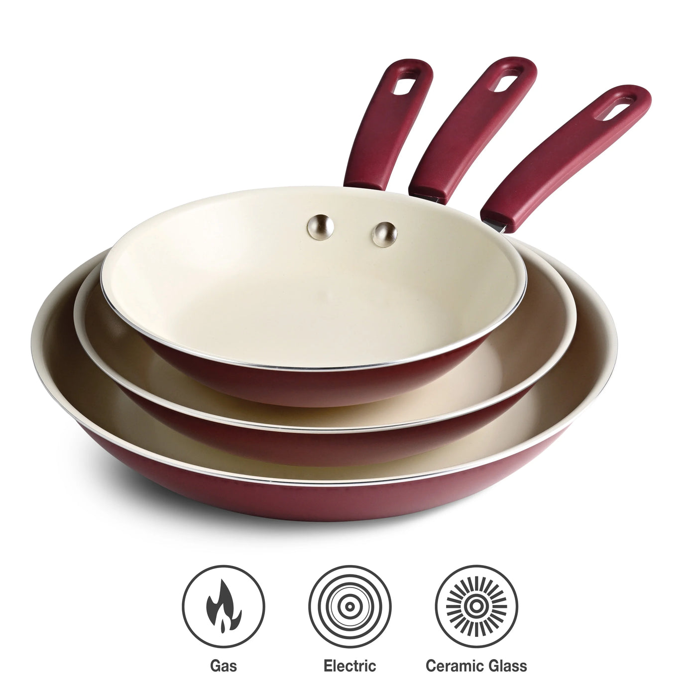 Ceramaware 3-Pack Ceramic Nonstick Fry Pan Set (8-inch, 9.5-Inch and 11-Inch) Wine, for Everyday Home Kitchen Cooking, Storage and Organization