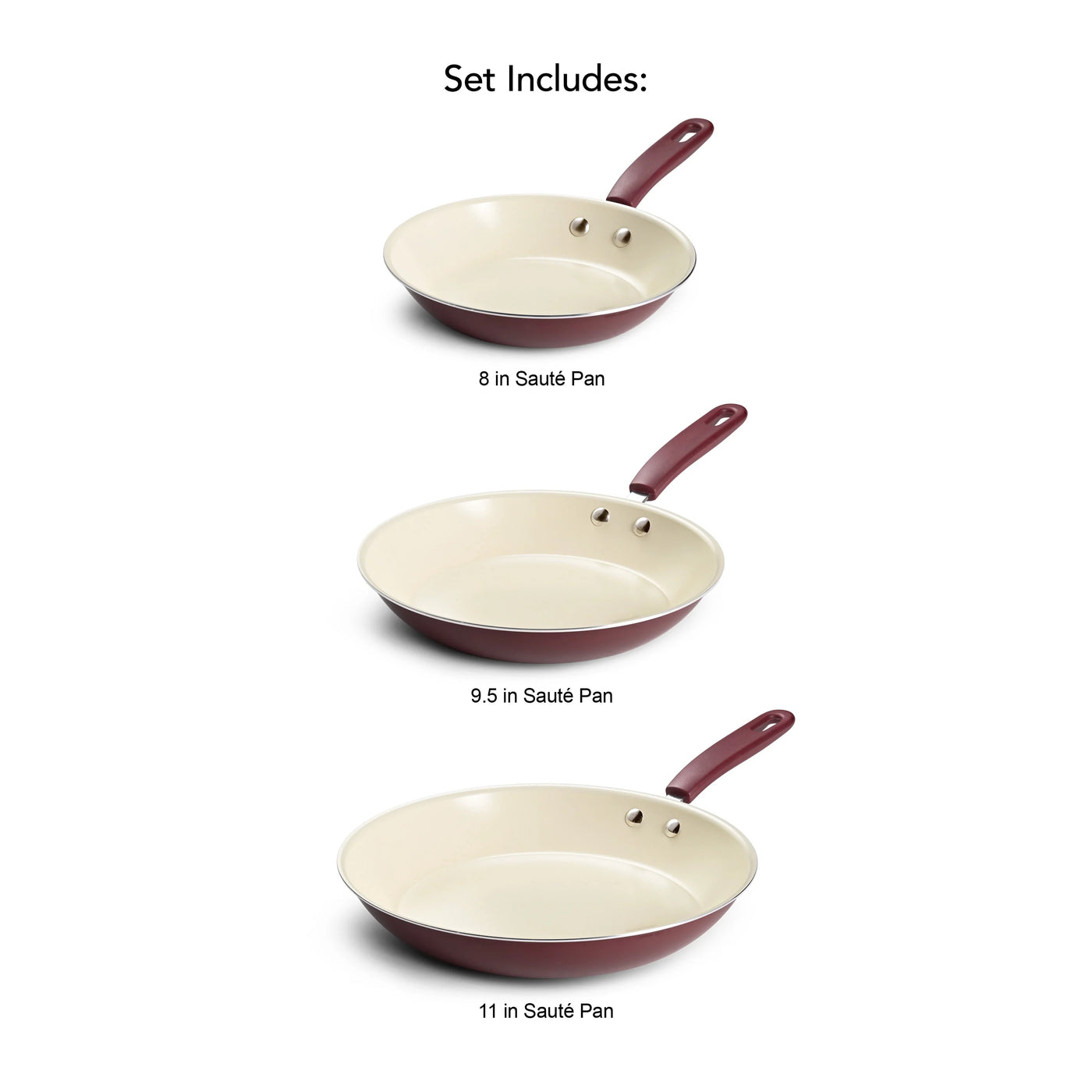 Ceramaware 3-Pack Ceramic Nonstick Fry Pan Set (8-inch, 9.5-Inch and 11-Inch) Wine, for Everyday Home Kitchen Cooking, Storage and Organization