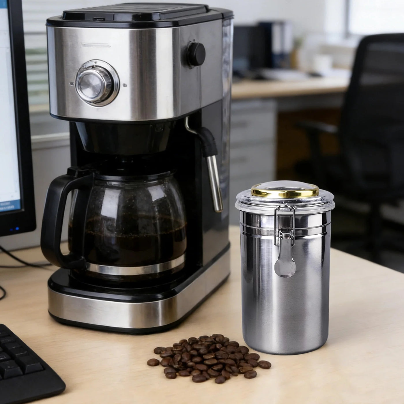 Stainless Steel Canister with Humidifier and Hygrometer, Airtight Food Storage Container, 6.8 in / 17.3 Cm High Coffee Bean Container