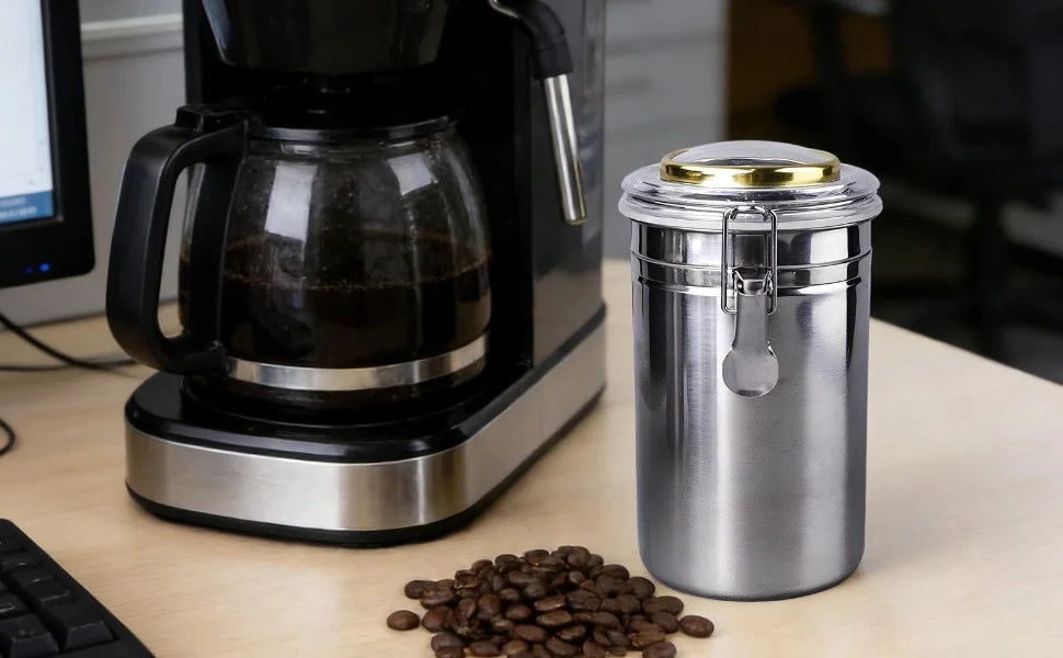 Stainless Steel Canister with Humidifier and Hygrometer, Airtight Food Storage Container, 6.8 in / 17.3 Cm High Coffee Bean Container