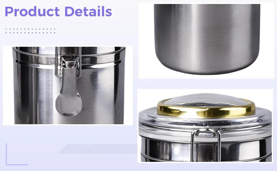 Stainless Steel Canister with Humidifier and Hygrometer, Airtight Food Storage Container, 6.8 in / 17.3 Cm High Coffee Bean Container