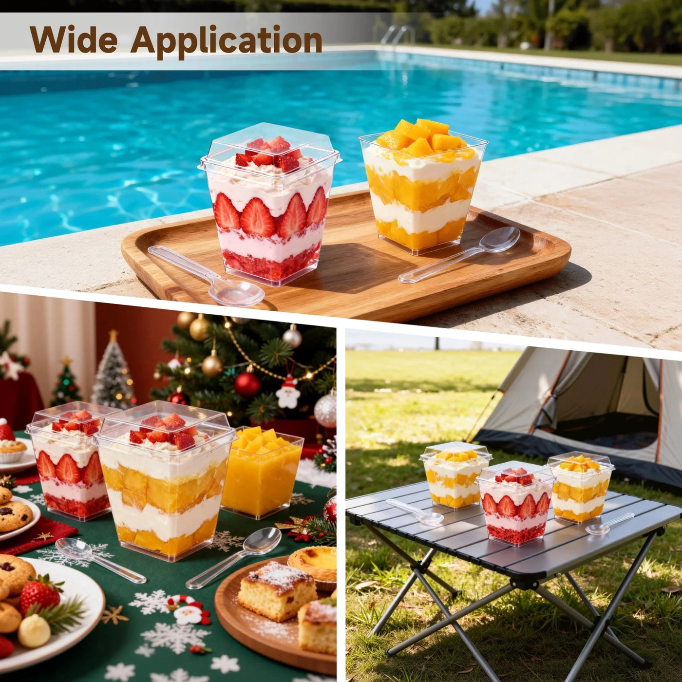 100-Piece Plastic Dessert Cups, 5 Oz Clear Square Parfait Cups with Lids and Spoons, Stylish Appetizer, Mini Food Containers for Yogurt, Pudding