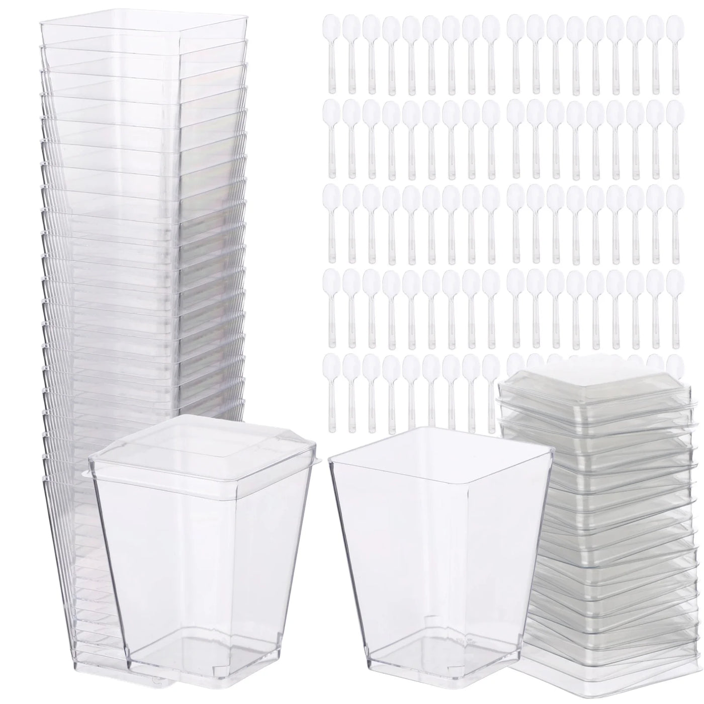 100-Piece Plastic Dessert Cups, 5 Oz Clear Square Parfait Cups with Lids and Spoons, Stylish Appetizer, Mini Food Containers for Yogurt, Pudding