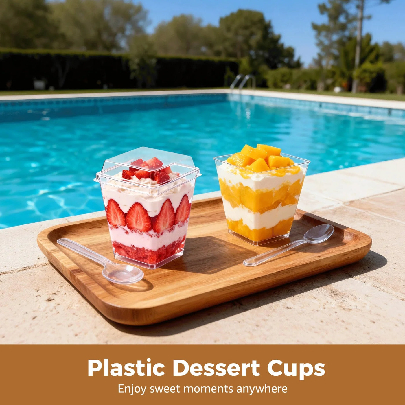 100-Piece Plastic Dessert Cups, 5 Oz Clear Square Parfait Cups with Lids and Spoons, Stylish Appetizer, Mini Food Containers for Yogurt, Pudding