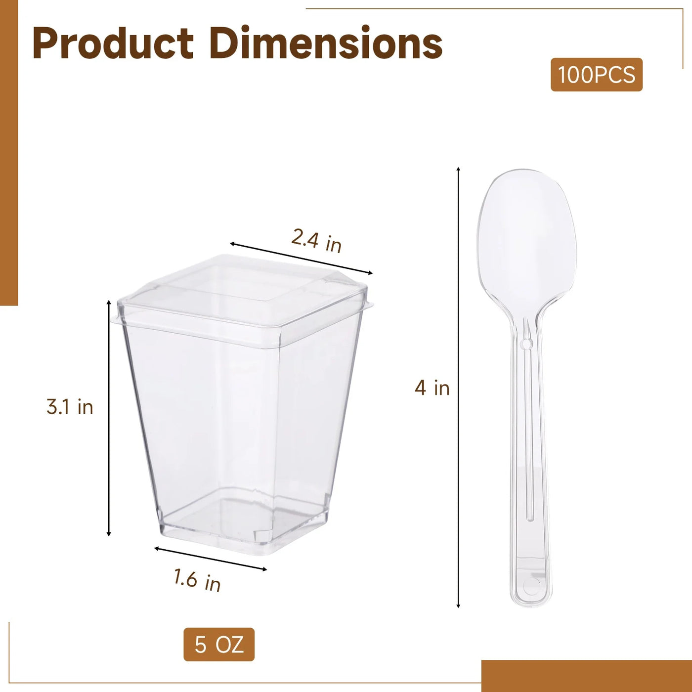 100-Piece Plastic Dessert Cups, 5 Oz Clear Square Parfait Cups with Lids and Spoons, Stylish Appetizer, Mini Food Containers for Yogurt, Pudding