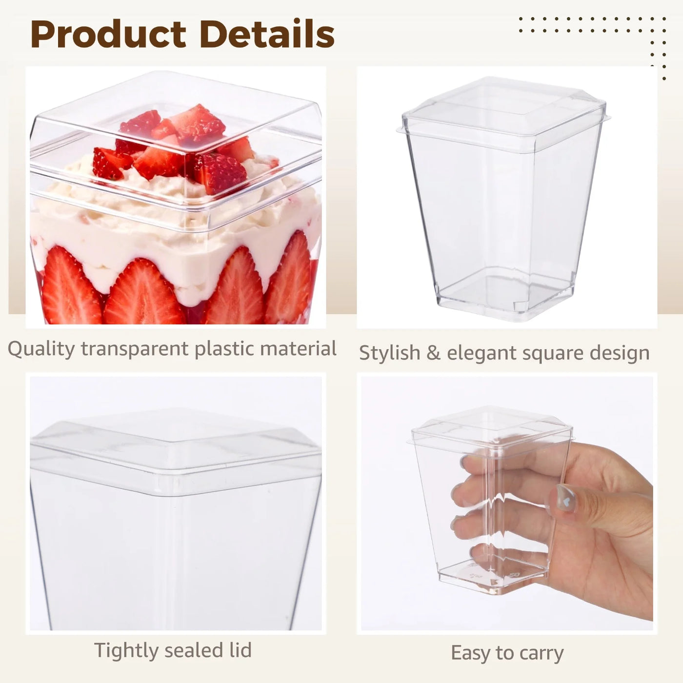 100-Piece Plastic Dessert Cups, 5 Oz Clear Square Parfait Cups with Lids and Spoons, Stylish Appetizer, Mini Food Containers for Yogurt, Pudding