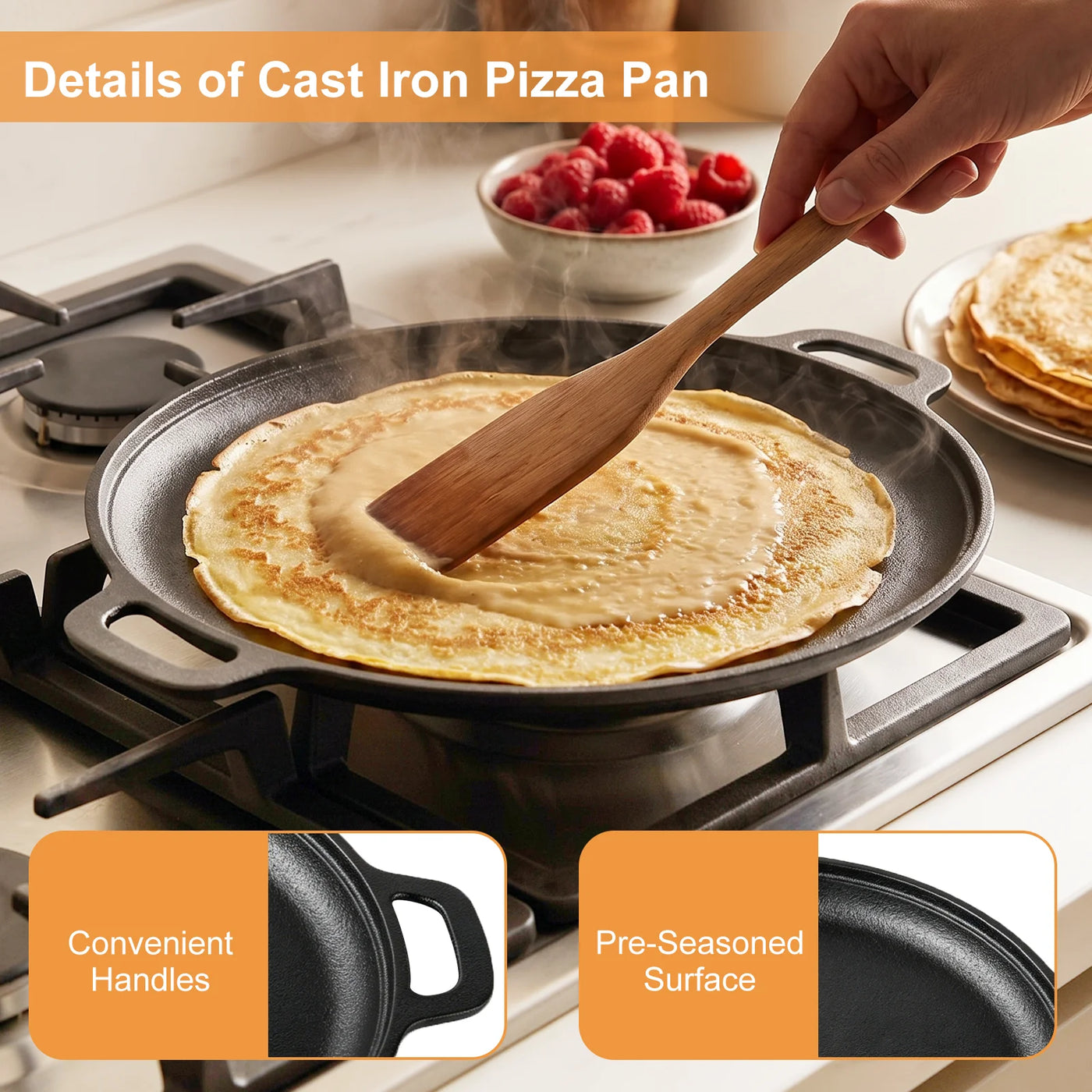 Round Cast Iron Skillet, Taimasi 12'' Pre-seasoned Cast Iron Frying Pan with Dual Handle, Oven Safe Pizza Pan for Grill, Bbq, Roasting
