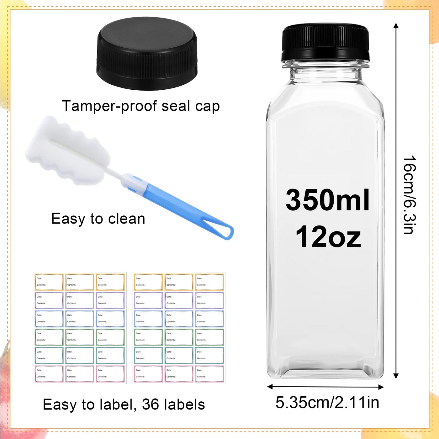 7-Piece 12 Oz Empty Plastic Juice Bottles with Lids, Reusable Drink Containers with Brush and Labels