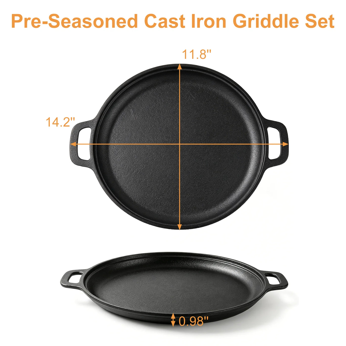 Round Cast Iron Skillet, Taimasi 12'' Pre-seasoned Cast Iron Frying Pan with Dual Handle, Oven Safe Pizza Pan for Grill, Bbq, Roasting