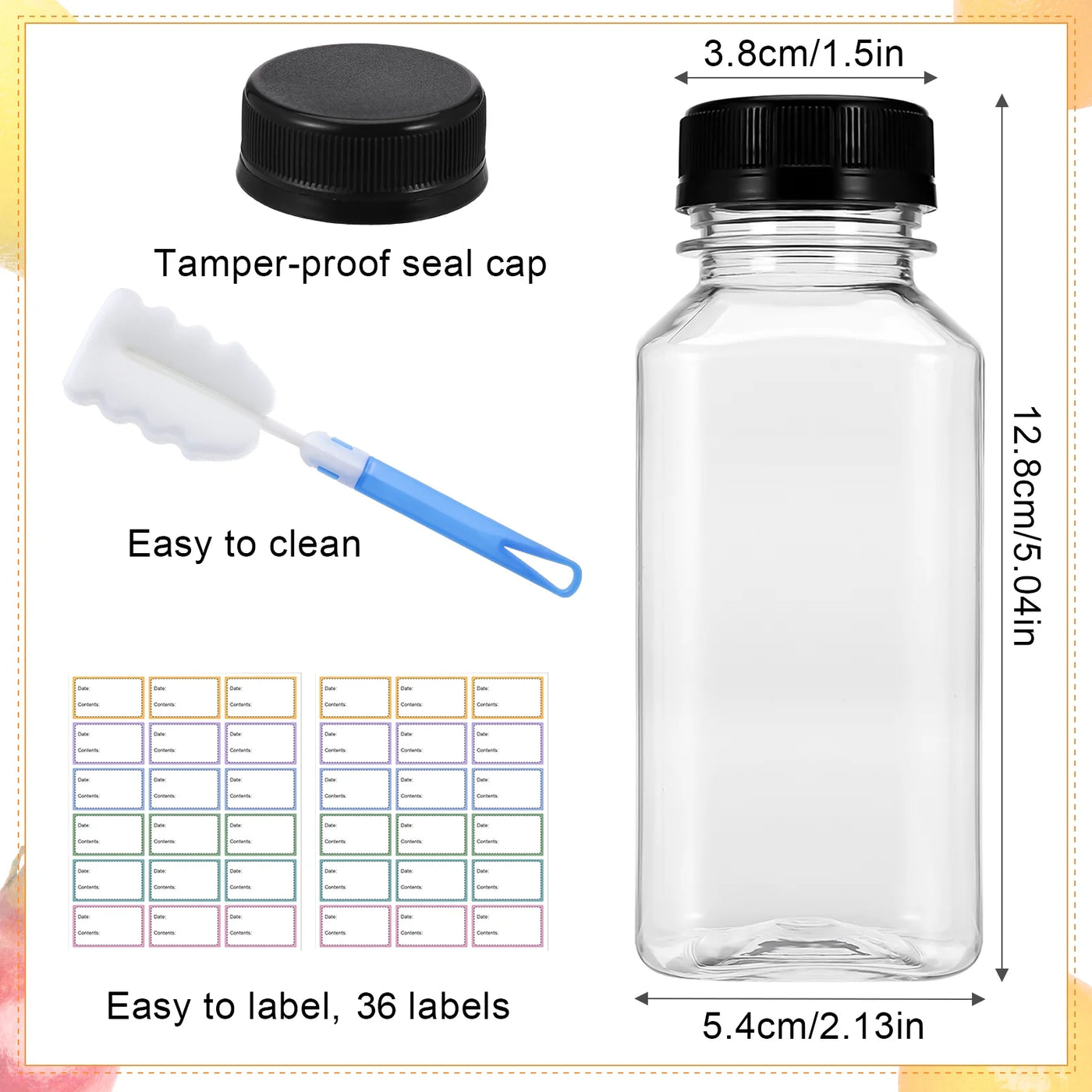 9-Piece 8 Oz Empty Plastic Juice Bottles with Lids, Reusable Drink Containers with Brush and Labels, Clear Bulk Juice Containers with Caps for Juicing