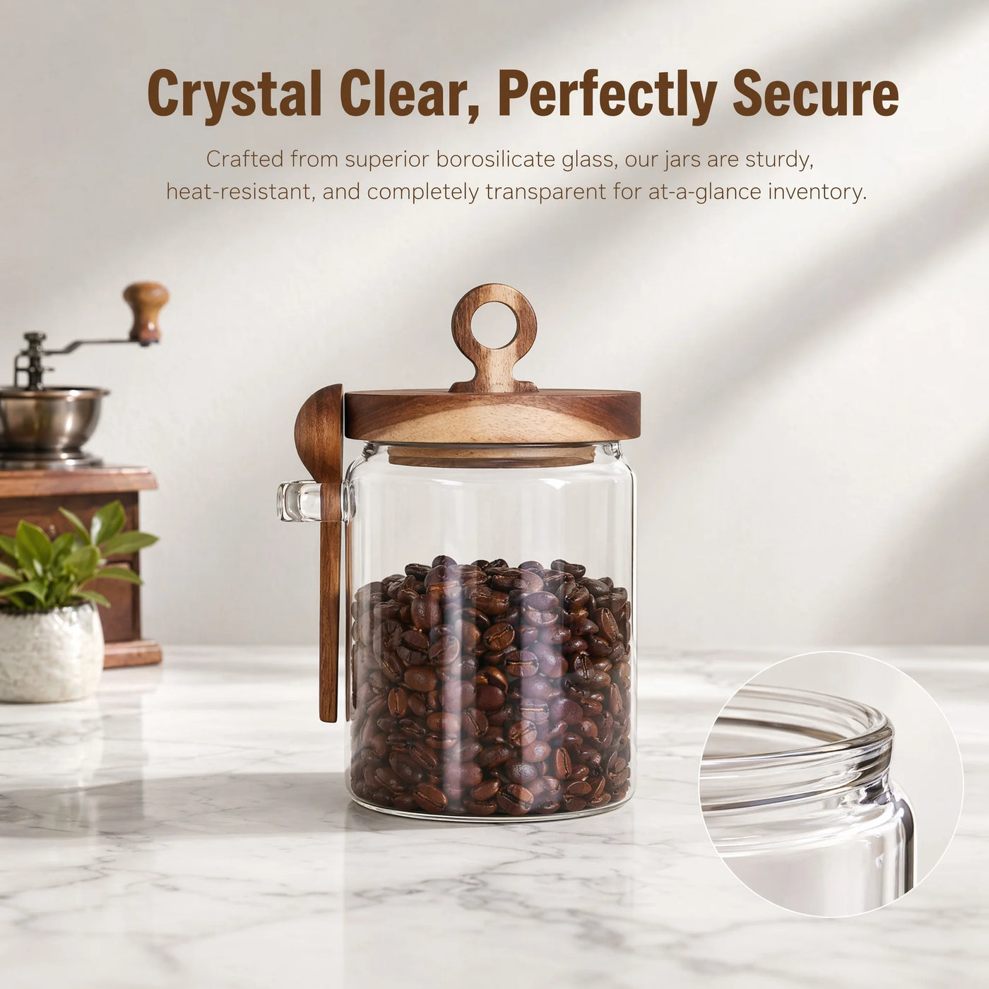 3-Pack Glass Coffee Storage Jars with Pull Ring Wooden Lids and Attached Spoons, Airtight Clear Glass Canisters with Wood Scoop Holder for Coffee