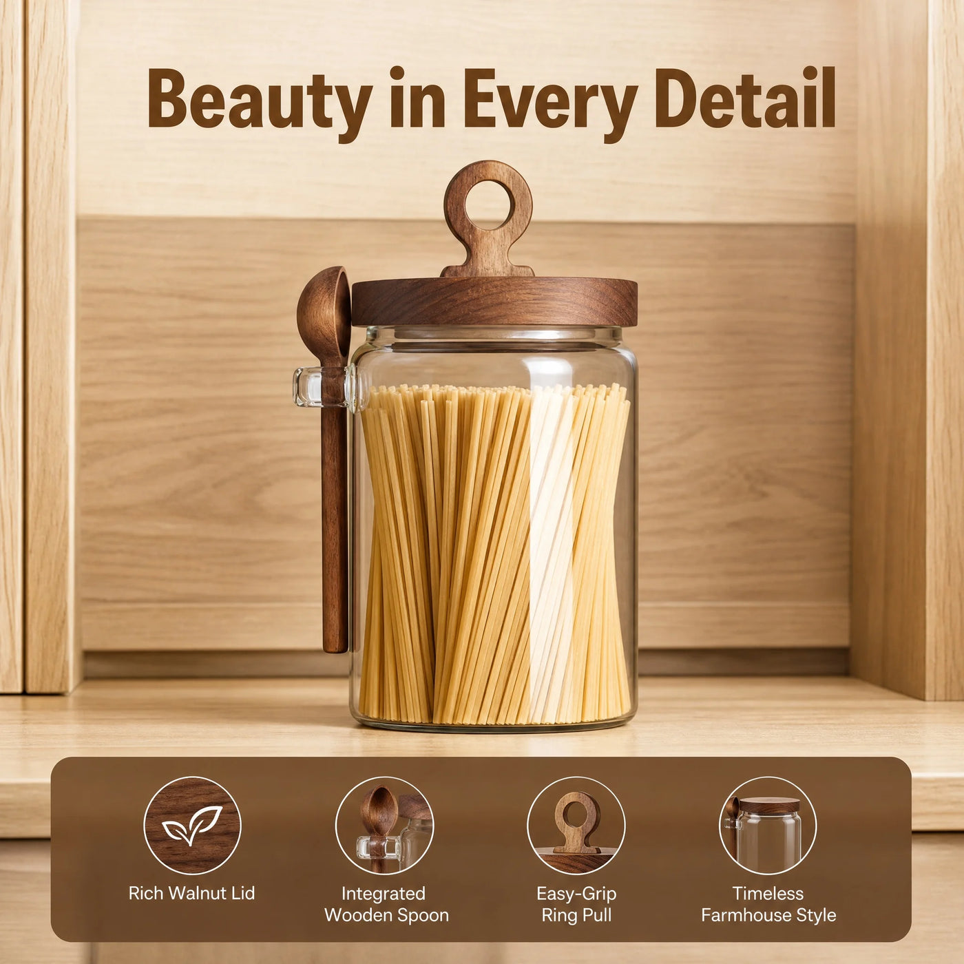 3-Pack Glass Coffee Storage Jars with Pull Ring Wooden Lids and Attached Spoons, Airtight Clear Glass Canisters with Wood Scoop Holder for Coffee
