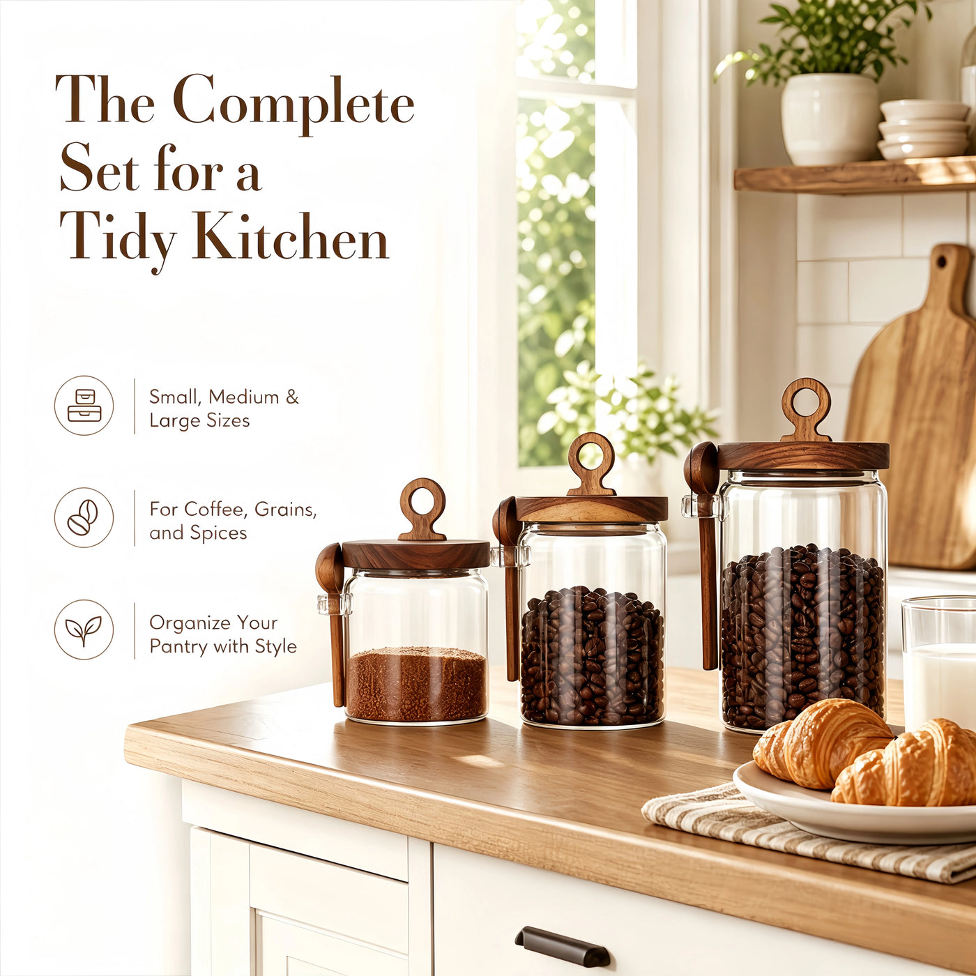 3-Pack Glass Coffee Storage Jars with Pull Ring Wooden Lids and Attached Spoons, Airtight Clear Glass Canisters with Wood Scoop Holder for Coffee
