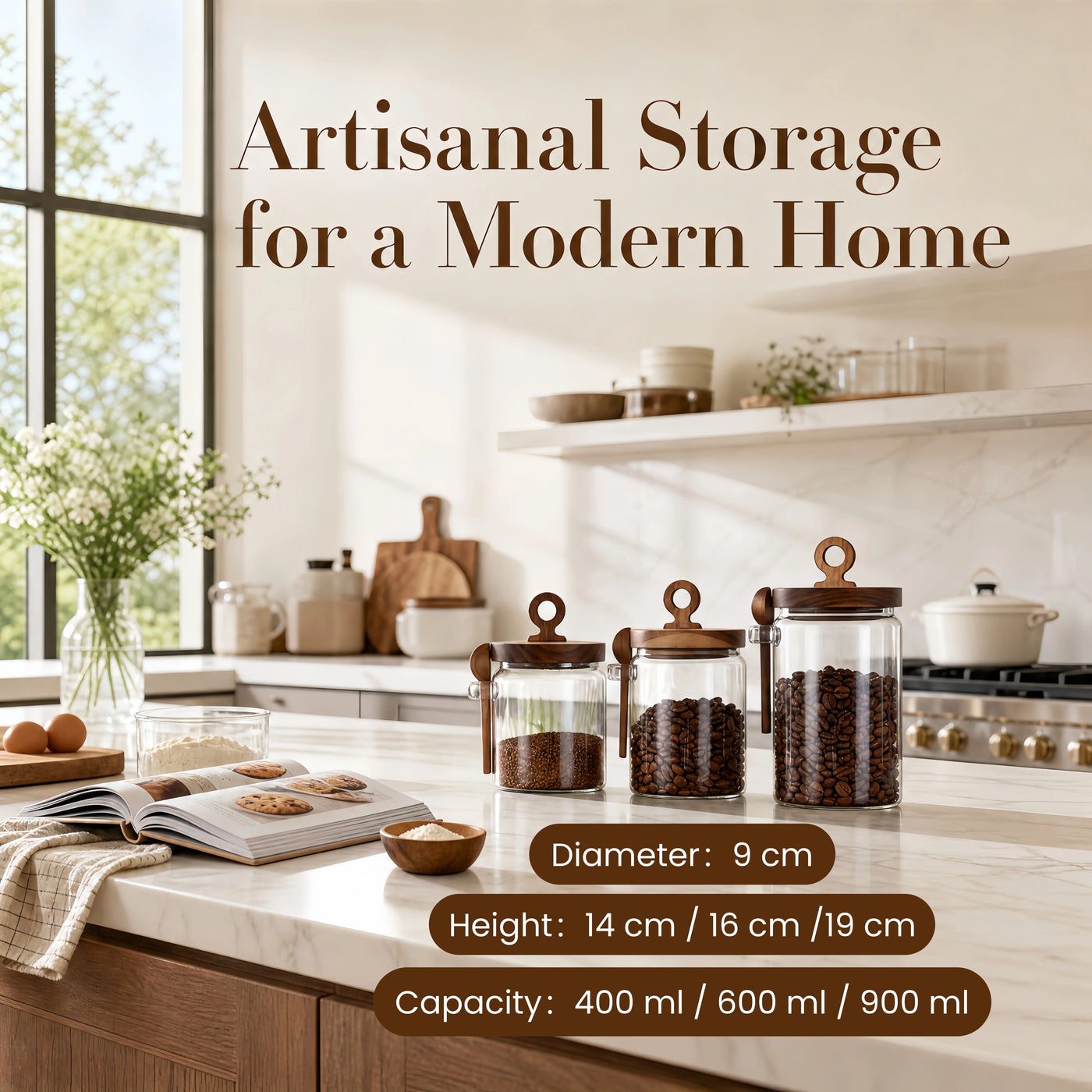 3-Pack Glass Coffee Storage Jars with Pull Ring Wooden Lids and Attached Spoons, Airtight Clear Glass Canisters with Wood Scoop Holder for Coffee