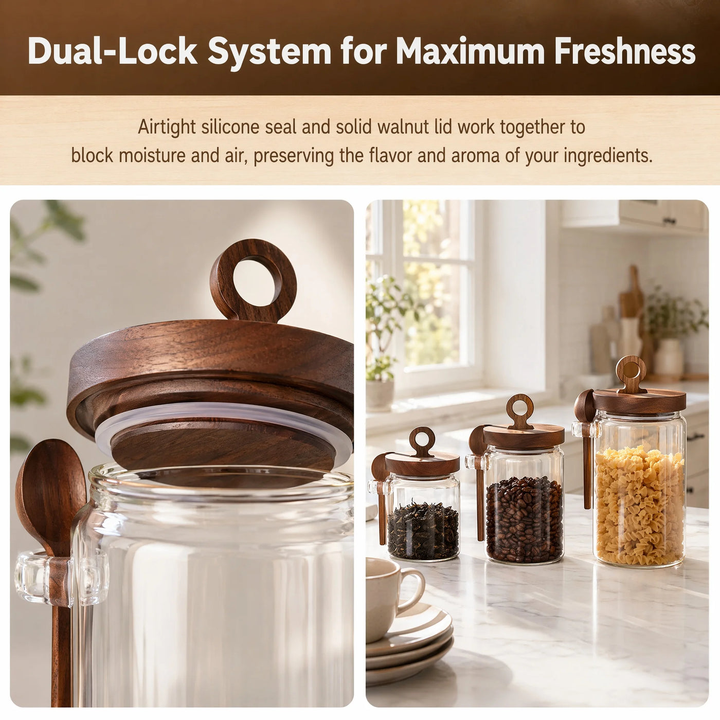3-Pack Glass Coffee Storage Jars with Pull Ring Wooden Lids and Attached Spoons, Airtight Clear Glass Canisters with Wood Scoop Holder for Coffee