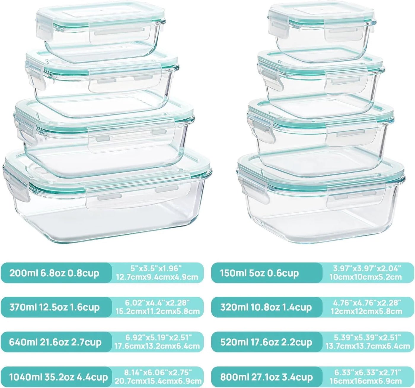 8-Pack Glass Meal Prep Containers with Airtight Lids, Meal Prep Containers Glass, Lunch Office Meal for Microwave, Oven, Freezer and Dishwasher