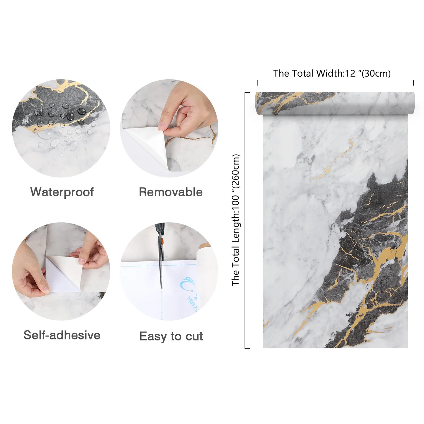 Chihut 12"x100" Grey Gold Marble Contact Paper for Countertops Waterproof Self Adhesive Peel and Stick Contact Paper for Kitchen Backsplash Matte