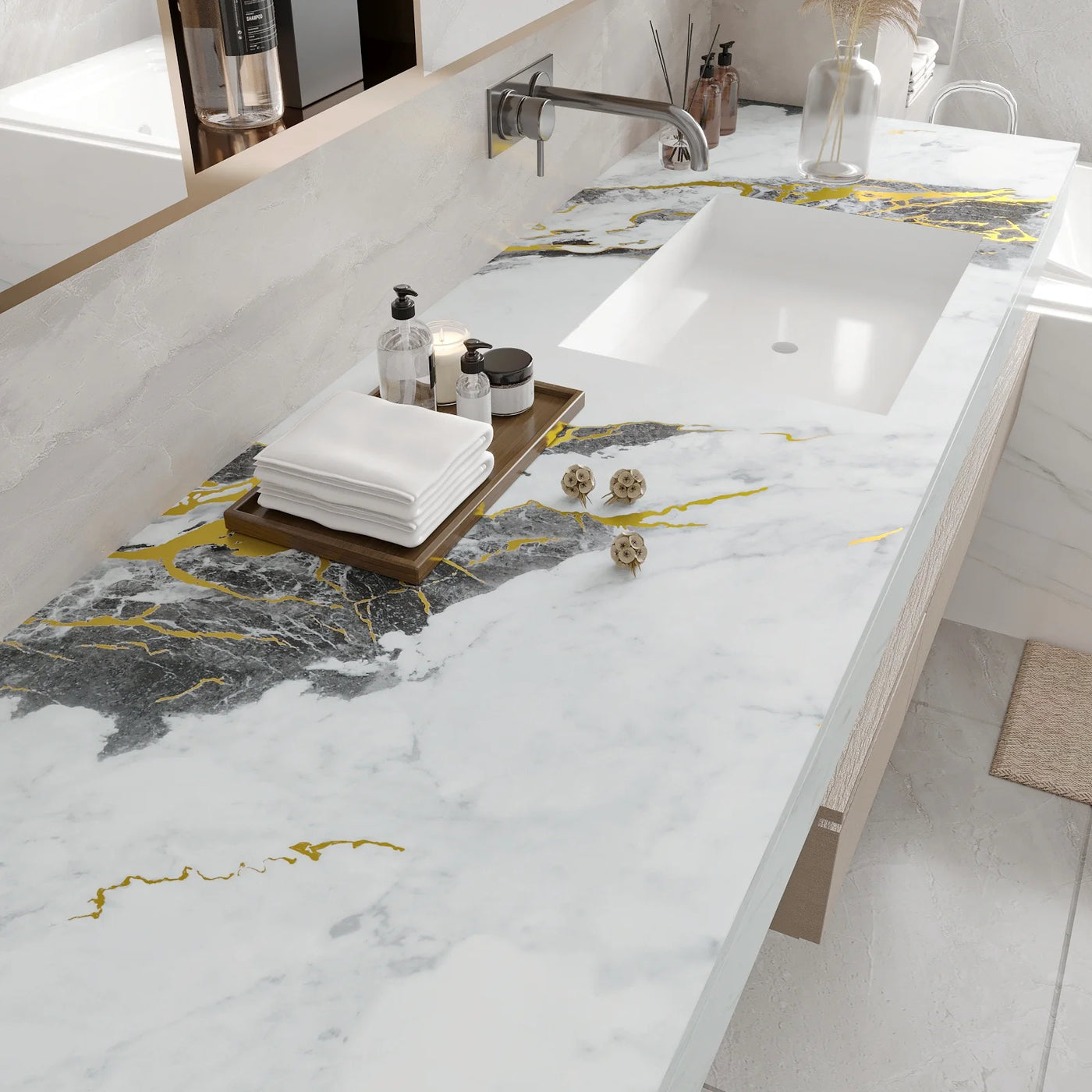 Chihut 12"x100" Grey Gold Marble Contact Paper for Countertops Waterproof Self Adhesive Peel and Stick Contact Paper for Kitchen Backsplash Matte
