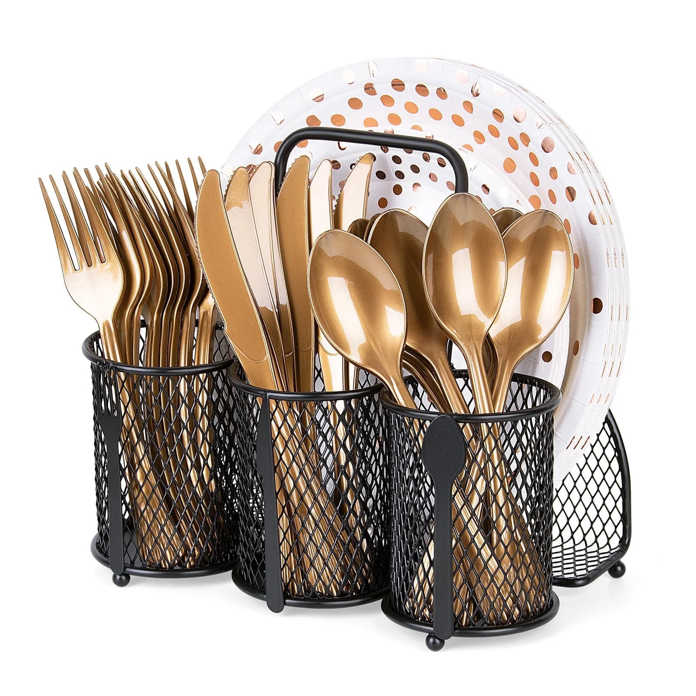 Caddy Silverware Holder, 4 Compartment Metal Mesh Cutlery Fork Spoon Napkin Plate Organizer Flatware Storage Basket Party Kitchen Countertop Buffet
