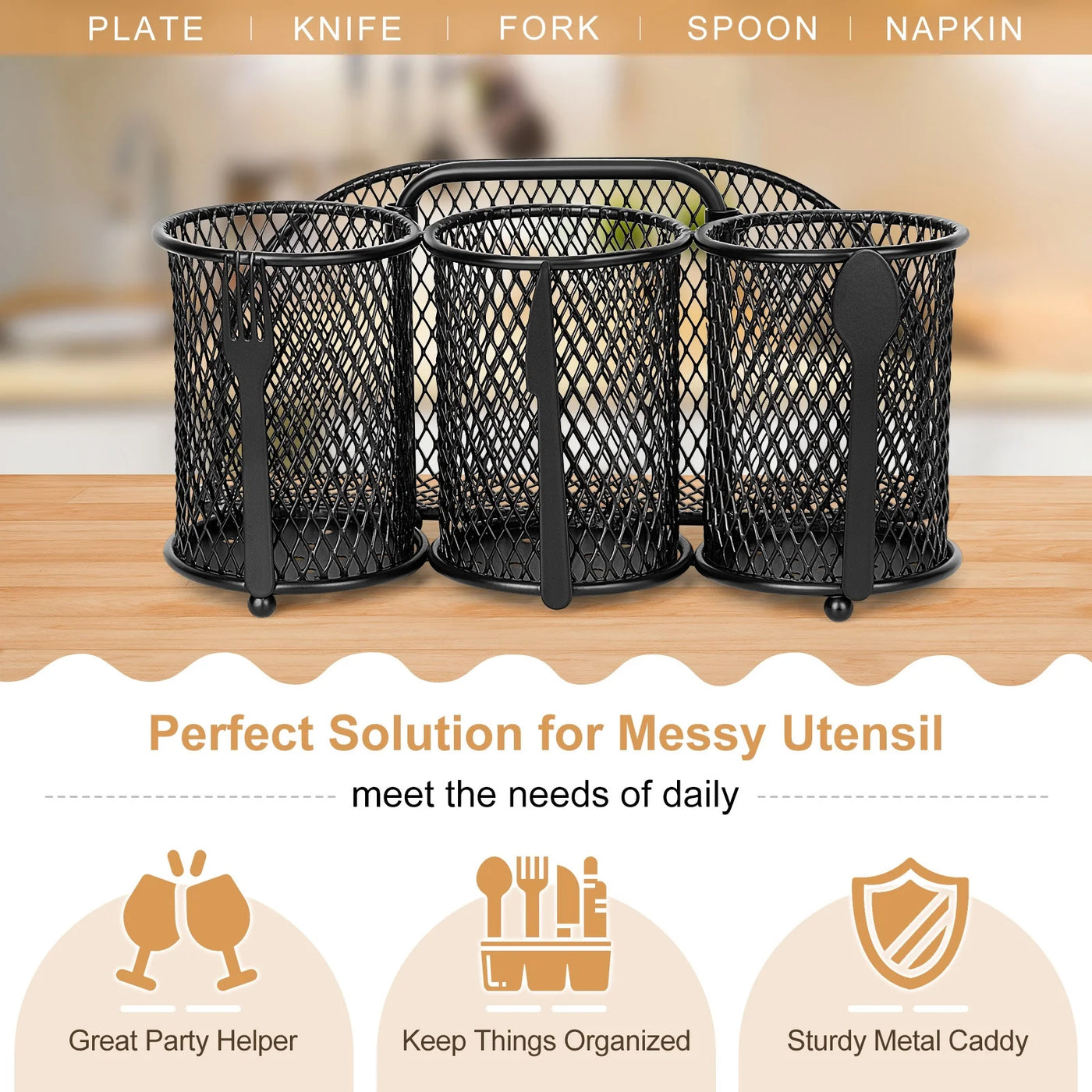 Caddy Silverware Holder, 4 Compartment Metal Mesh Cutlery Fork Spoon Napkin Plate Organizer Flatware Storage Basket Party Kitchen Countertop Buffet
