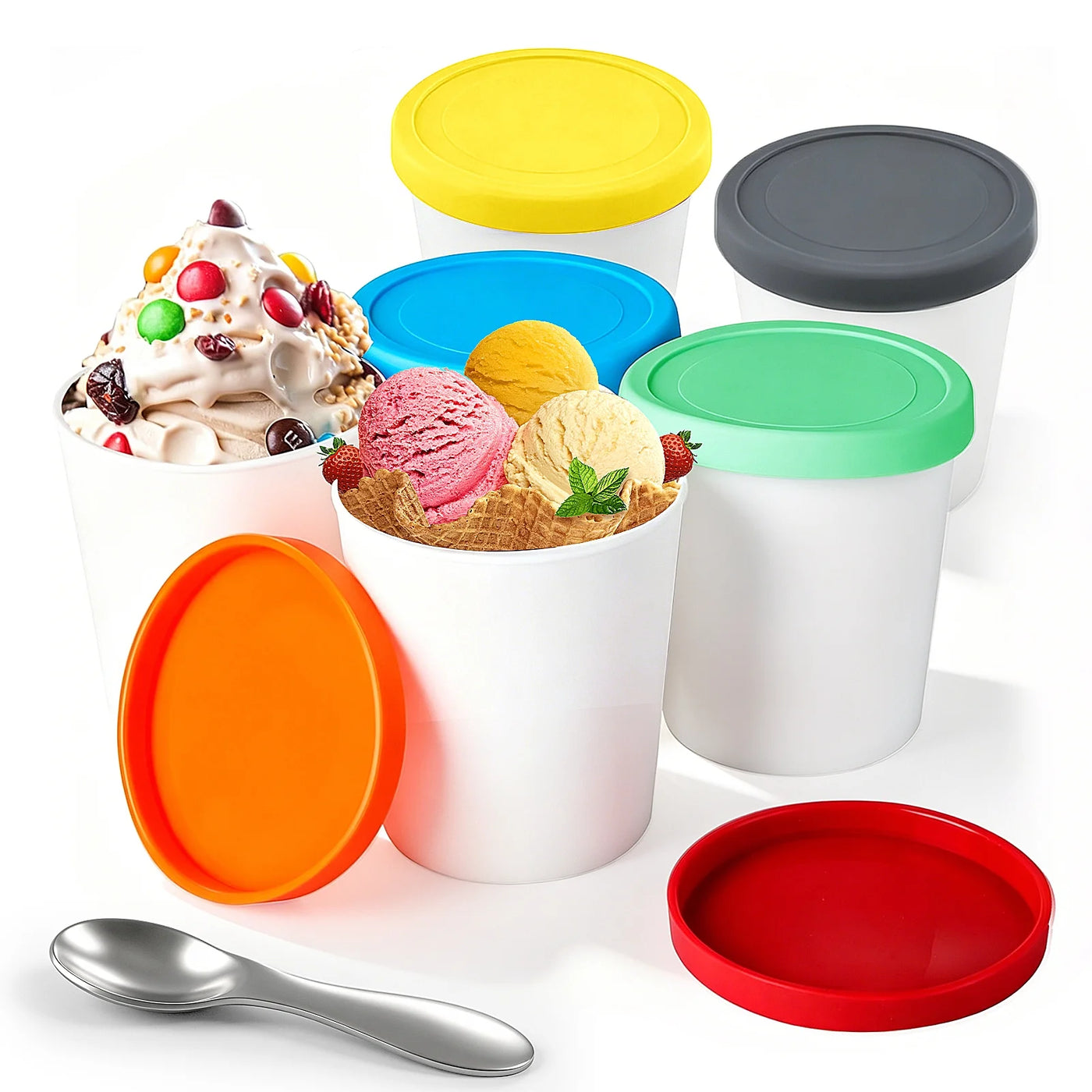 6-Pack Ice Cream Containers for Homemade, 1 Quart Freezer Storage Tubs with Silicone Lids and Spoon, Reusable PP Plastic Leak-free Ice Cream Tubs for