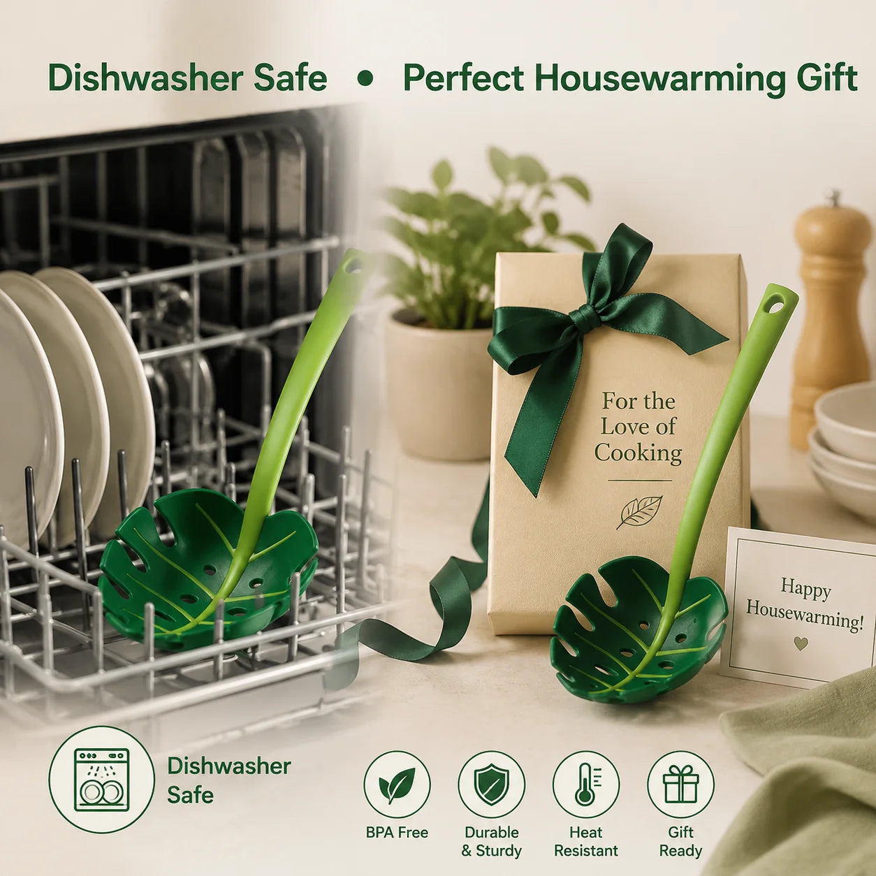 Monstera Ladle Jungle Spoon, BPA-FREE High Heat Resistant Nylon for Cooking for Nonstick Cookware Kitchen Tools and Utensils