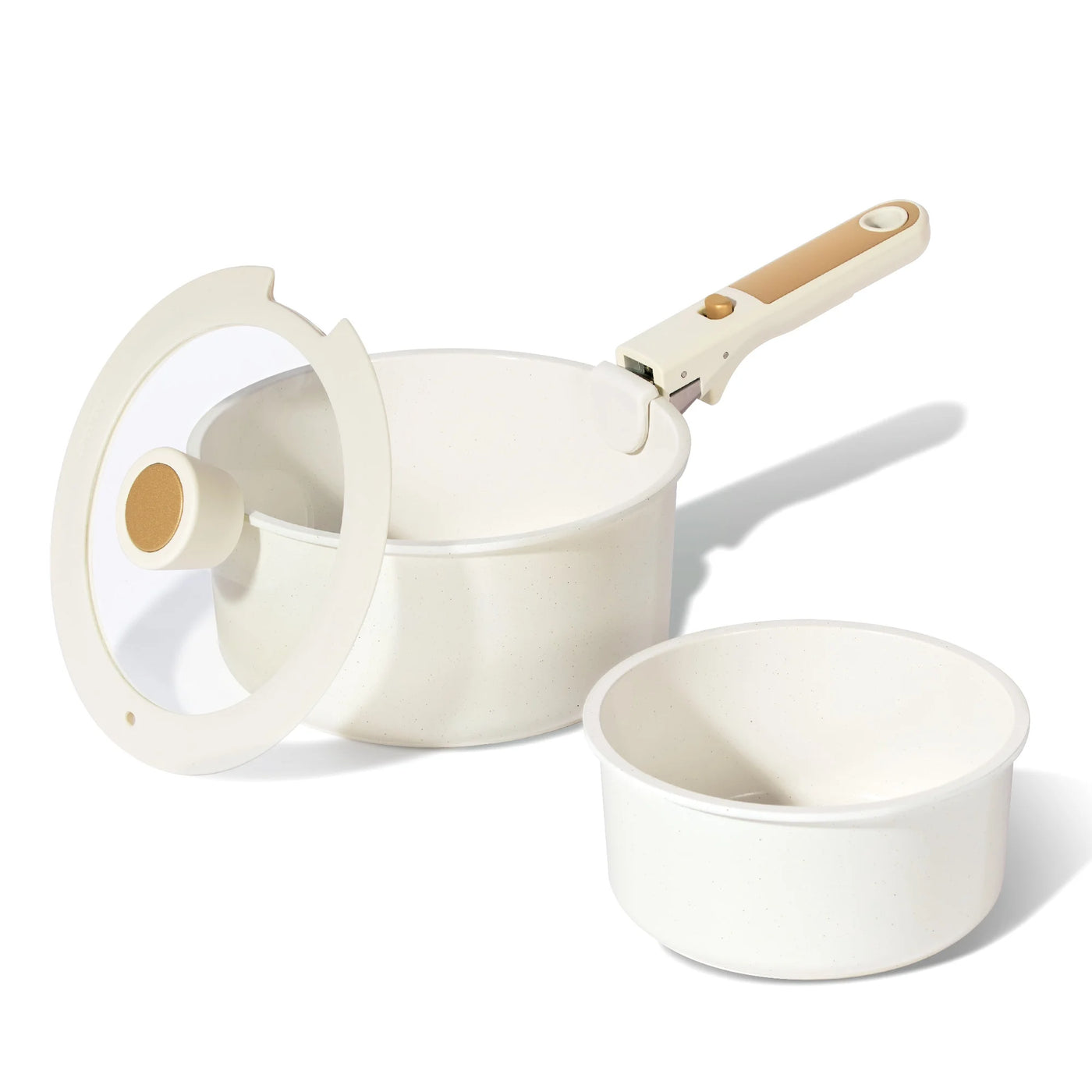Ceramic Nonstick Cookware Set with Induction, 4-Piece Set with Detachable Saucepan and Lid, Oven Safe, Dishwasher Safe, Cream White