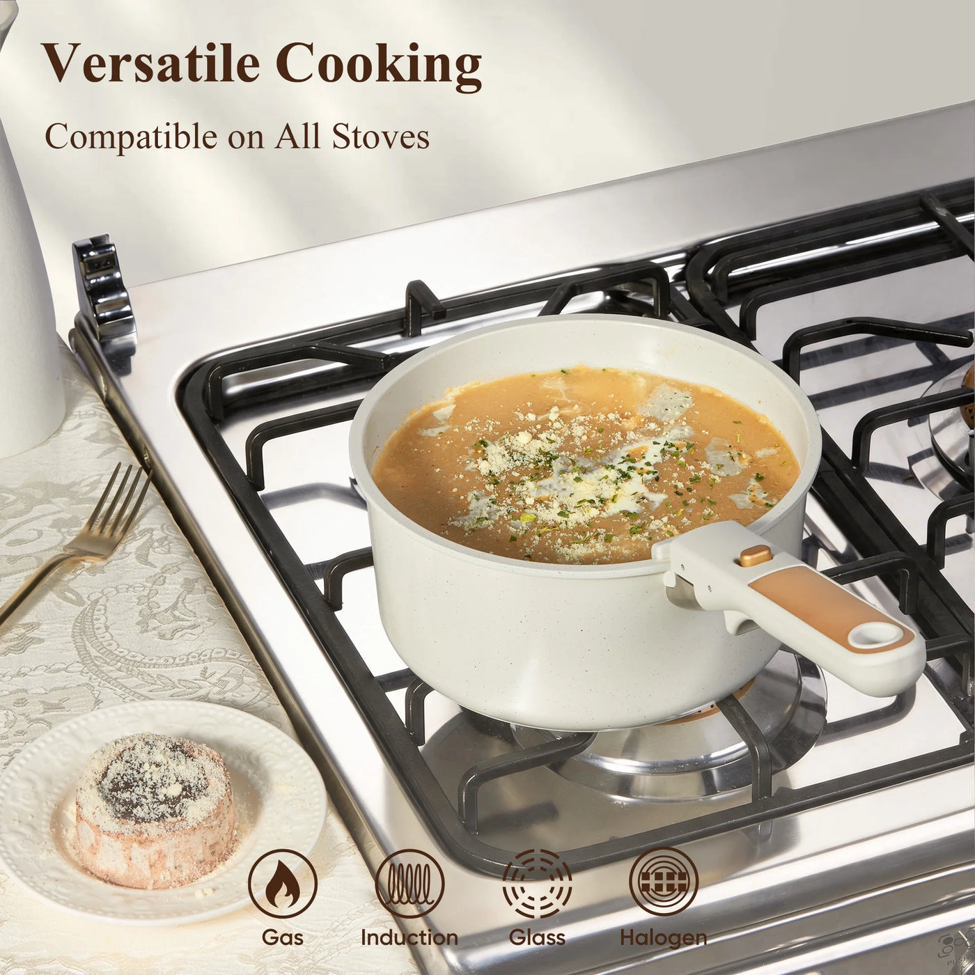 Ceramic Nonstick Cookware Set with Induction, 4-Piece Set with Detachable Saucepan and Lid, Oven Safe, Dishwasher Safe, Cream White