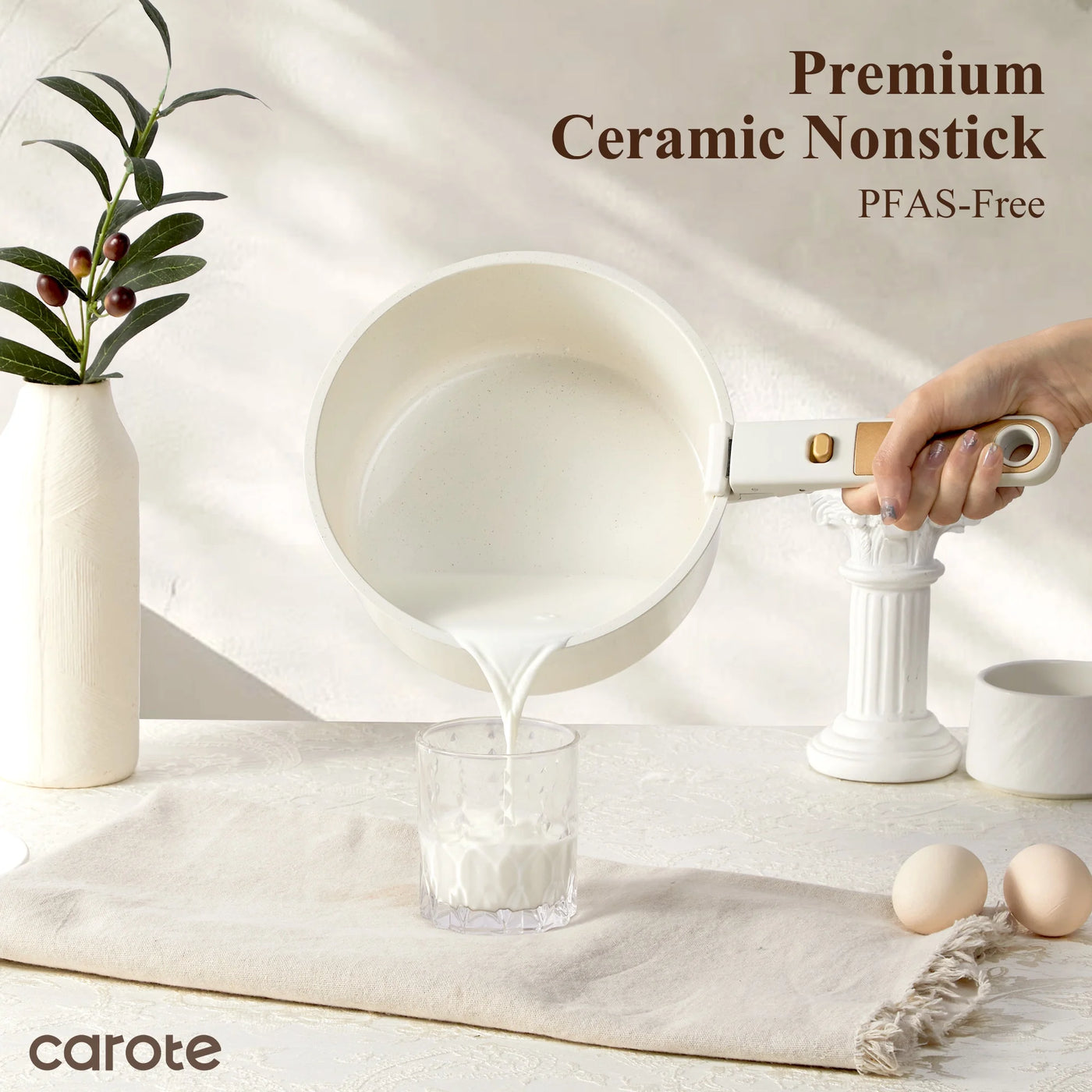 Ceramic Nonstick Cookware Set with Induction, 4-Piece Set with Detachable Saucepan and Lid, Oven Safe, Dishwasher Safe, Cream White