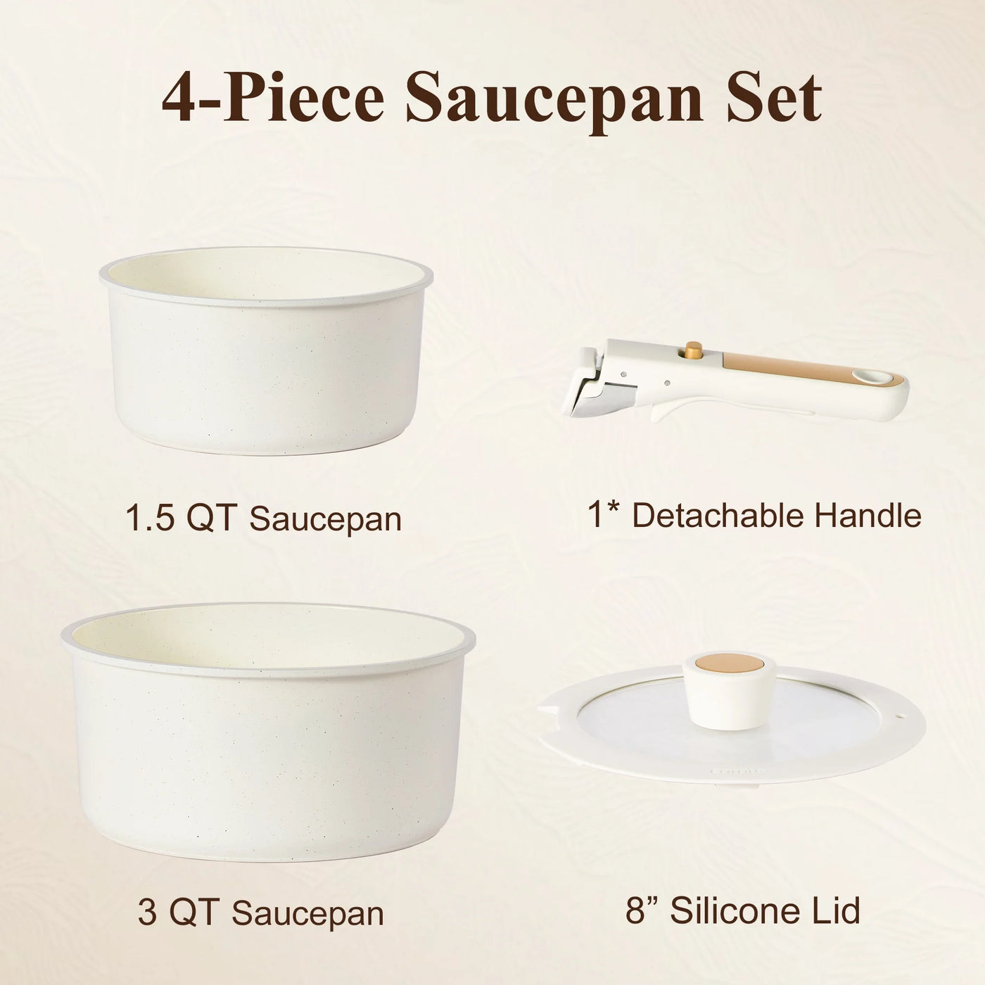 Ceramic Nonstick Cookware Set with Induction, 4-Piece Set with Detachable Saucepan and Lid, Oven Safe, Dishwasher Safe, Cream White