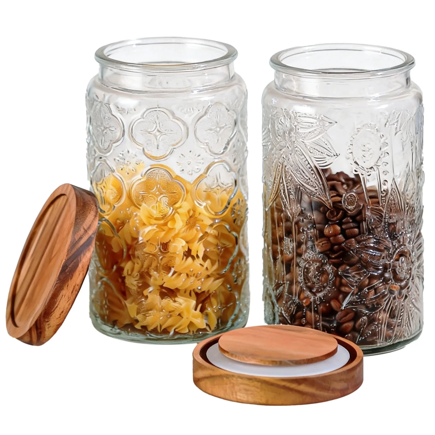 2-Piece Vintage Kitchen Canisters, 34 Oz / 1000 Ml Embossed Flower Pattern Glass Food Storage Containers with Airtight Wood Lids for Candy, Cookie