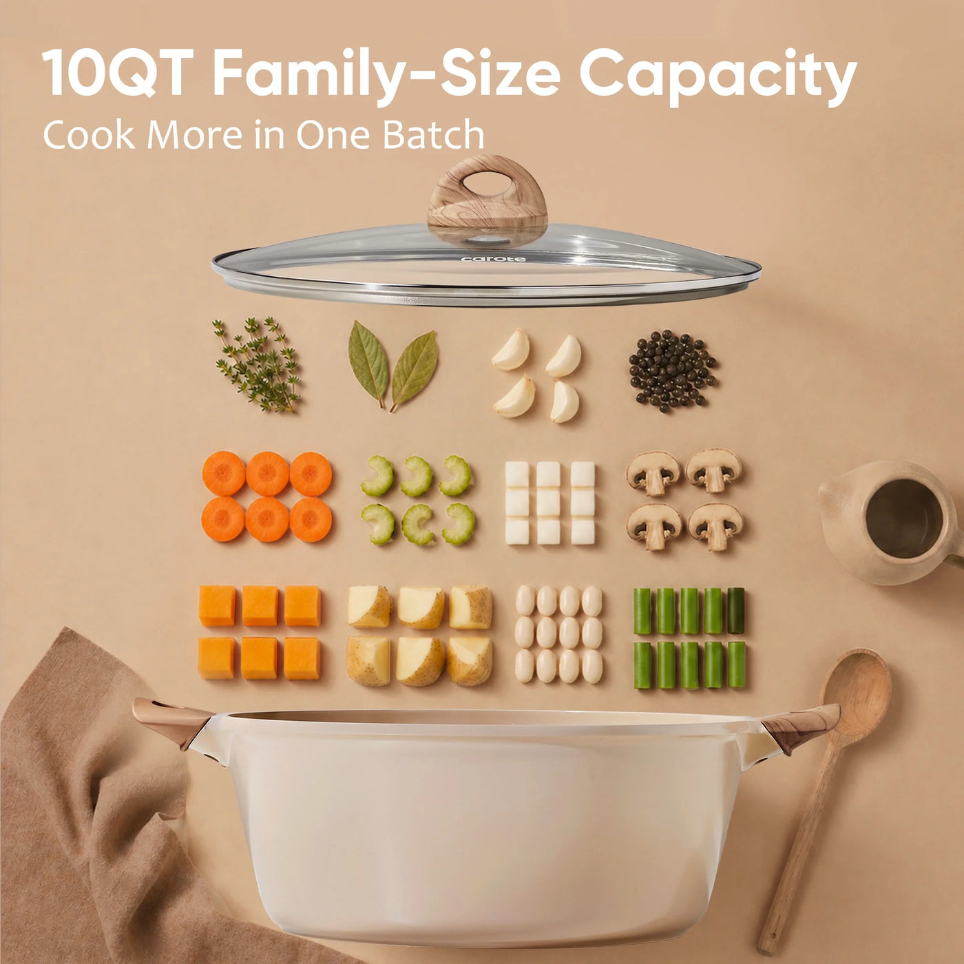 Nonstick Ceramic Nonstick Dutch Oven, Non Toxic Stockpot with Lid, Easy to Clean, All Stoves Compatible, 10QT, Taupe