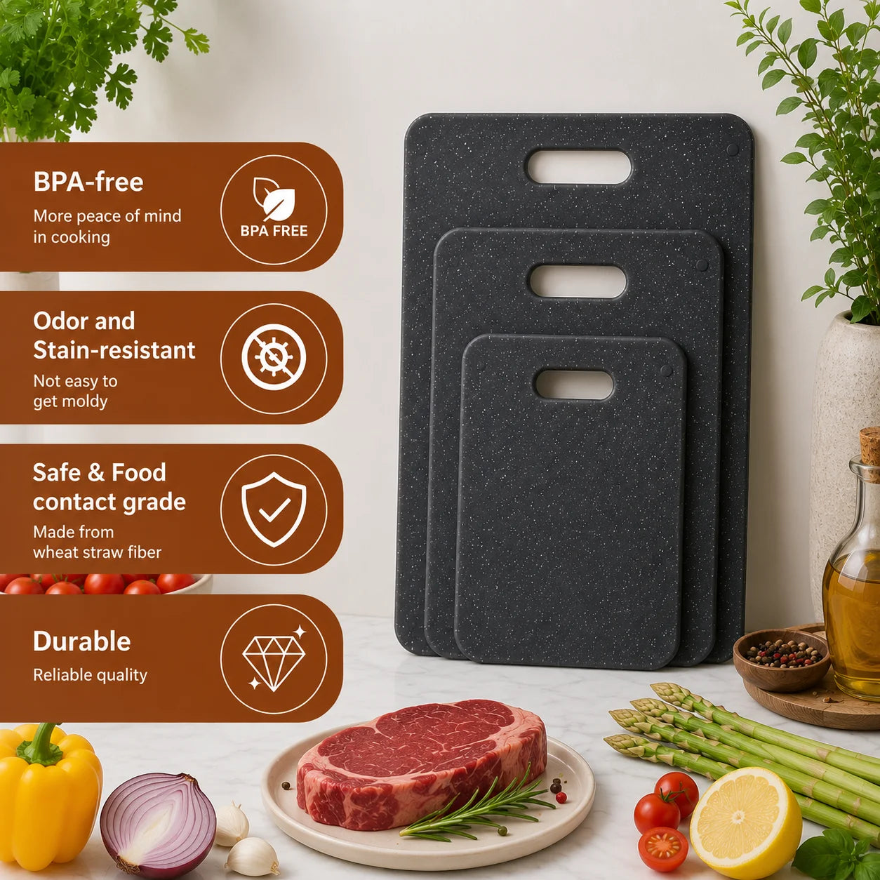 Large Cutting Boards, 3-Piece Plastic Cutting Boards for Kitchen, Thickened Chopping Boards, Dishwasher Safe, Heavy-duty Prep Boards for Meat, Veggies