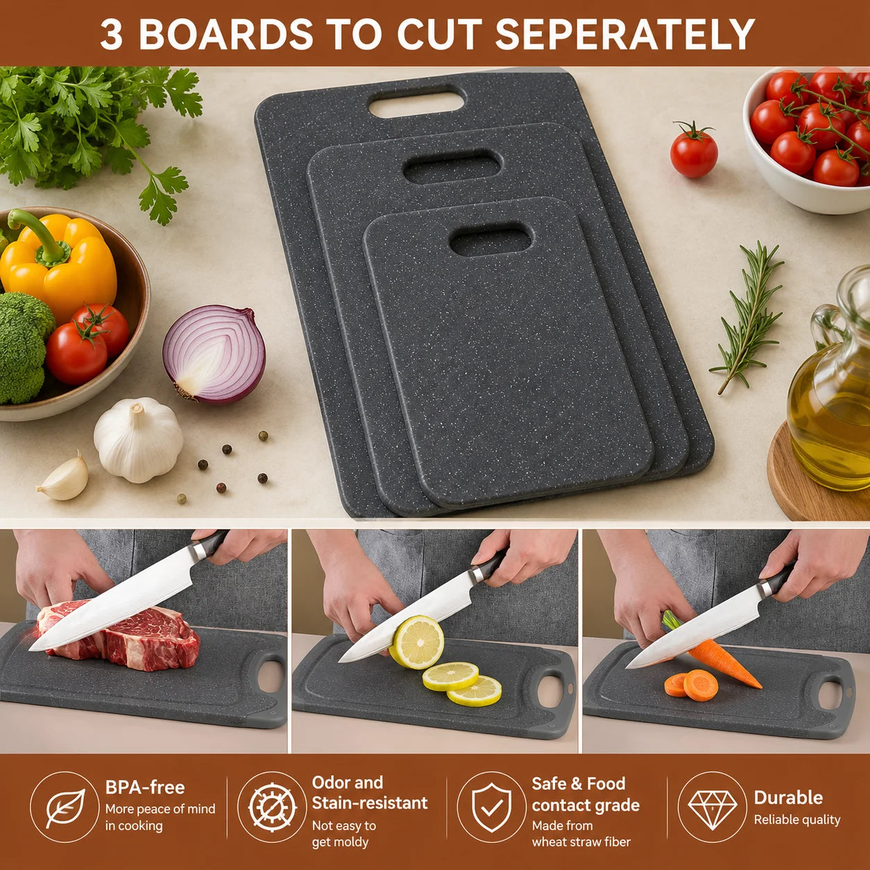 Large Cutting Boards, 3-Piece Plastic Cutting Boards for Kitchen, Thickened Chopping Boards, Dishwasher Safe, Heavy-duty Prep Boards for Meat, Veggies