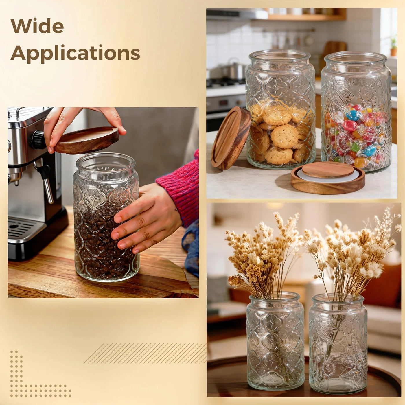 2-Piece Vintage Kitchen Canisters, 34 Oz / 1000 Ml Embossed Flower Pattern Glass Food Storage Containers with Airtight Wood Lids for Candy, Cookie