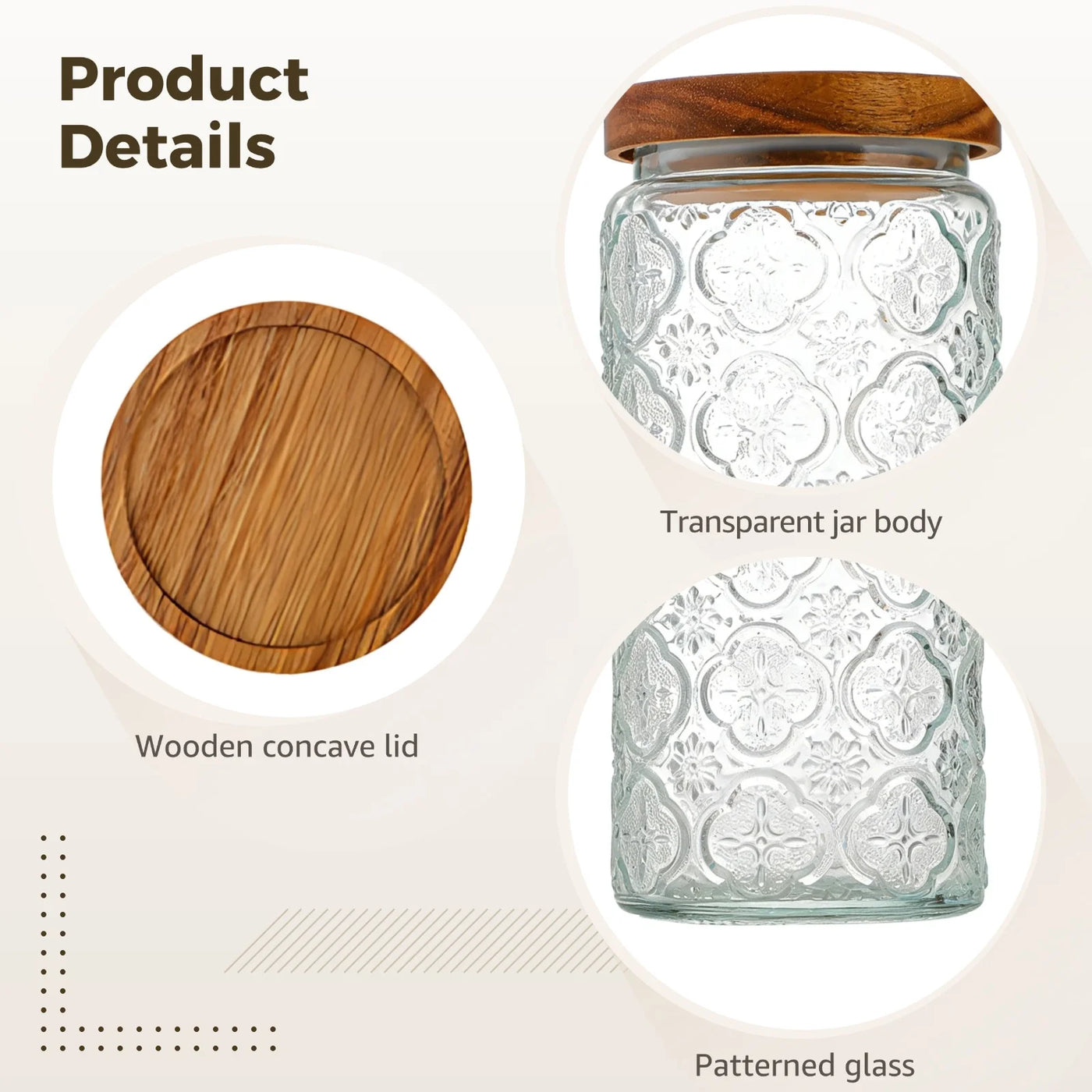 2-Piece Vintage Kitchen Canisters, 34 Oz / 1000 Ml Embossed Flower Pattern Glass Food Storage Containers with Airtight Wood Lids for Candy, Cookie
