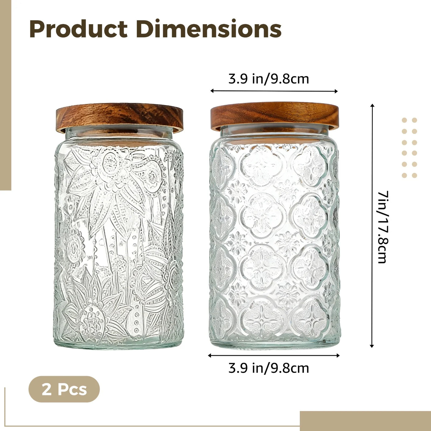 2-Piece Vintage Kitchen Canisters, 34 Oz / 1000 Ml Embossed Flower Pattern Glass Food Storage Containers with Airtight Wood Lids for Candy, Cookie
