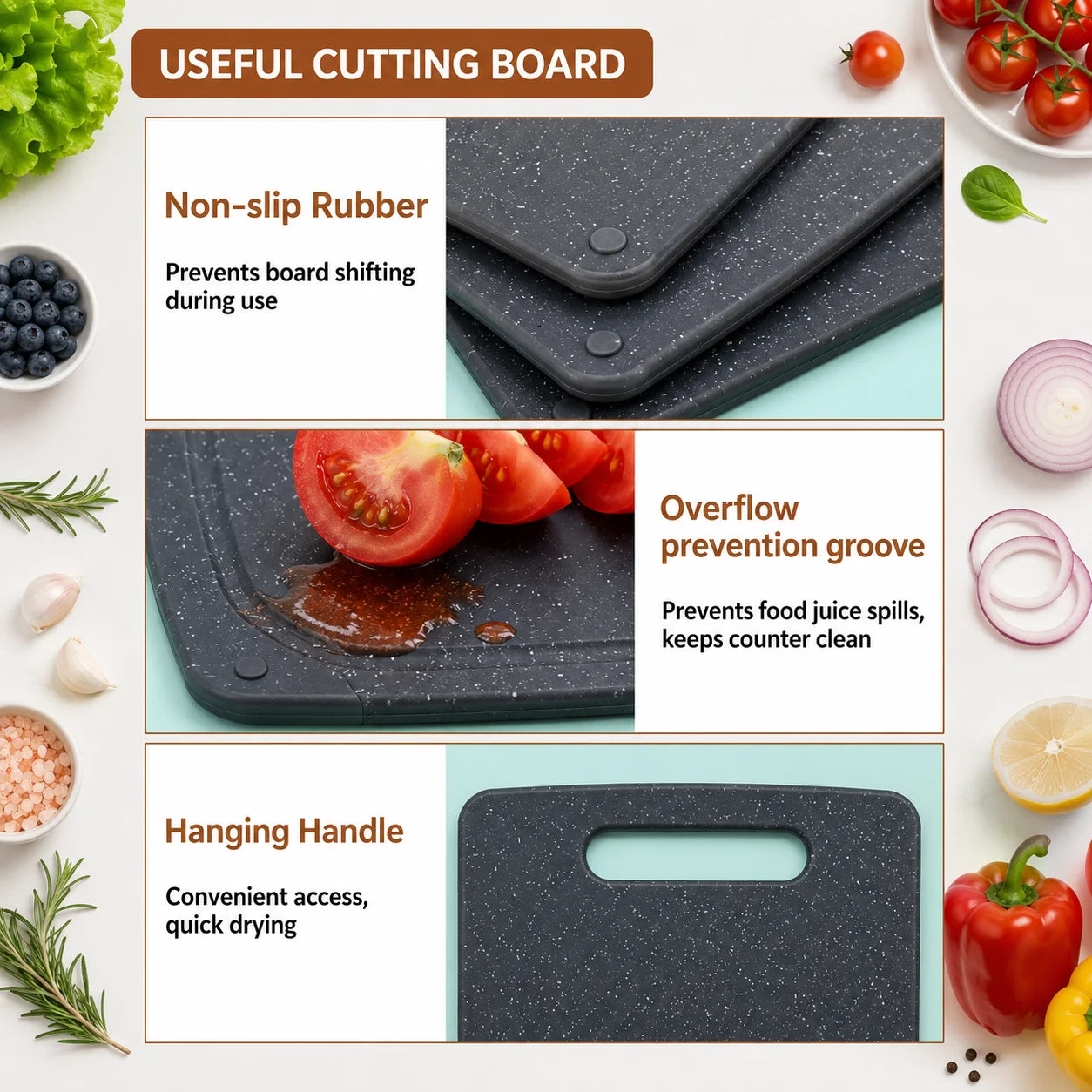 Large Cutting Boards, 3-Piece Plastic Cutting Boards for Kitchen, Thickened Chopping Boards, Dishwasher Safe, Heavy-duty Prep Boards for Meat, Veggies