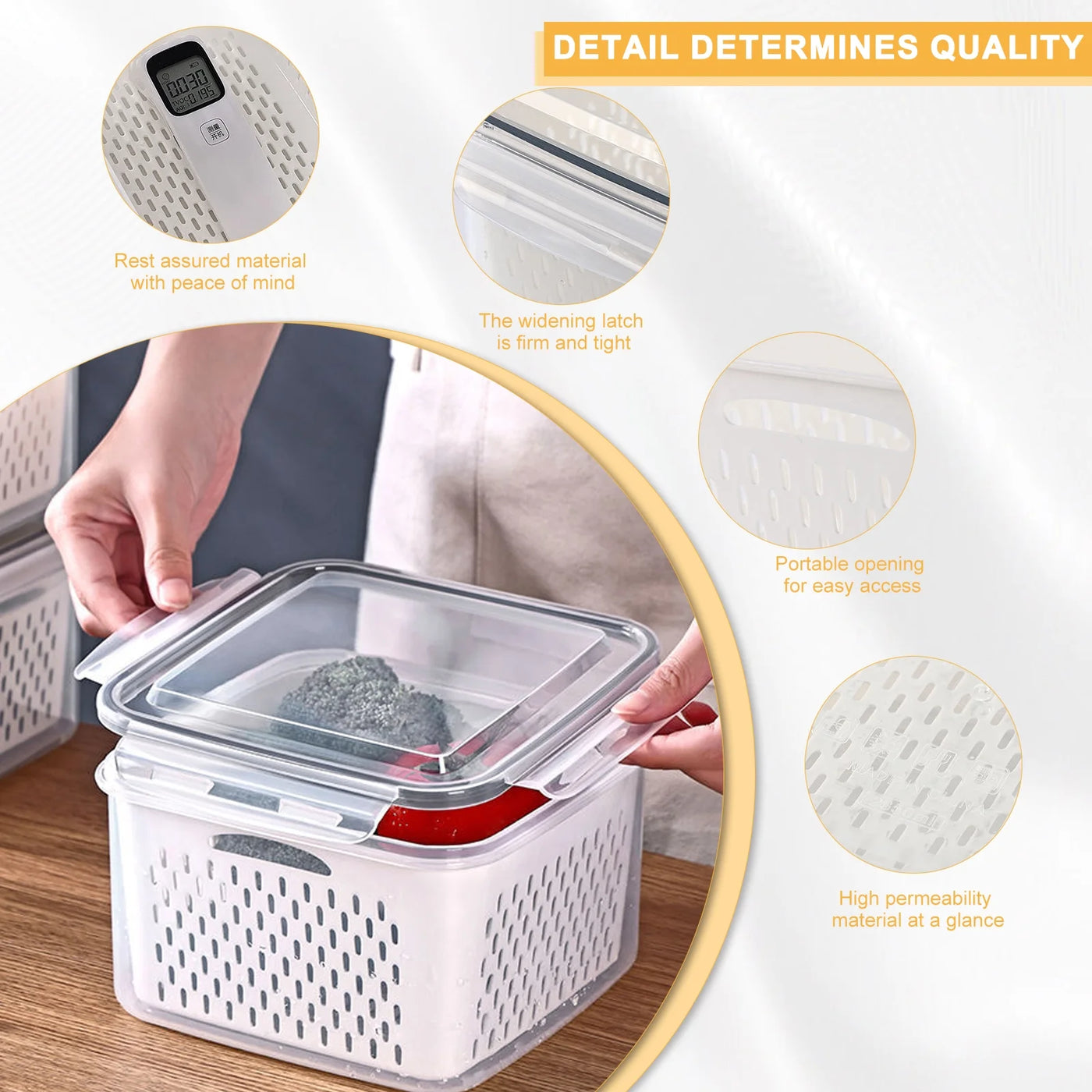 5-Pack Large Airtight Fruit Containers for Fridge, with 20-Piece Fresh-keeping Bags, Leakproof Food Storage Containers with Removable Colander