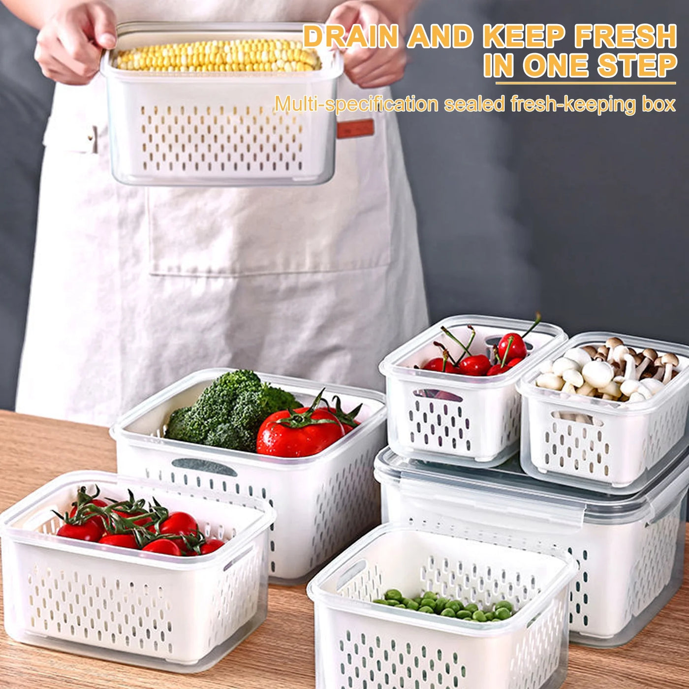 5-Pack Large Airtight Fruit Containers for Fridge, with 20-Piece Fresh-keeping Bags, Leakproof Food Storage Containers with Removable Colander