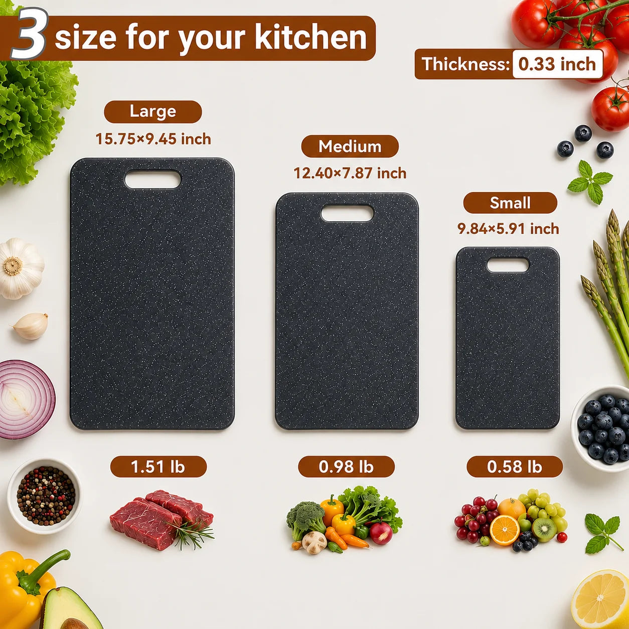 Large Cutting Boards, 3-Piece Plastic Cutting Boards for Kitchen, Thickened Chopping Boards, Dishwasher Safe, Heavy-duty Prep Boards for Meat, Veggies